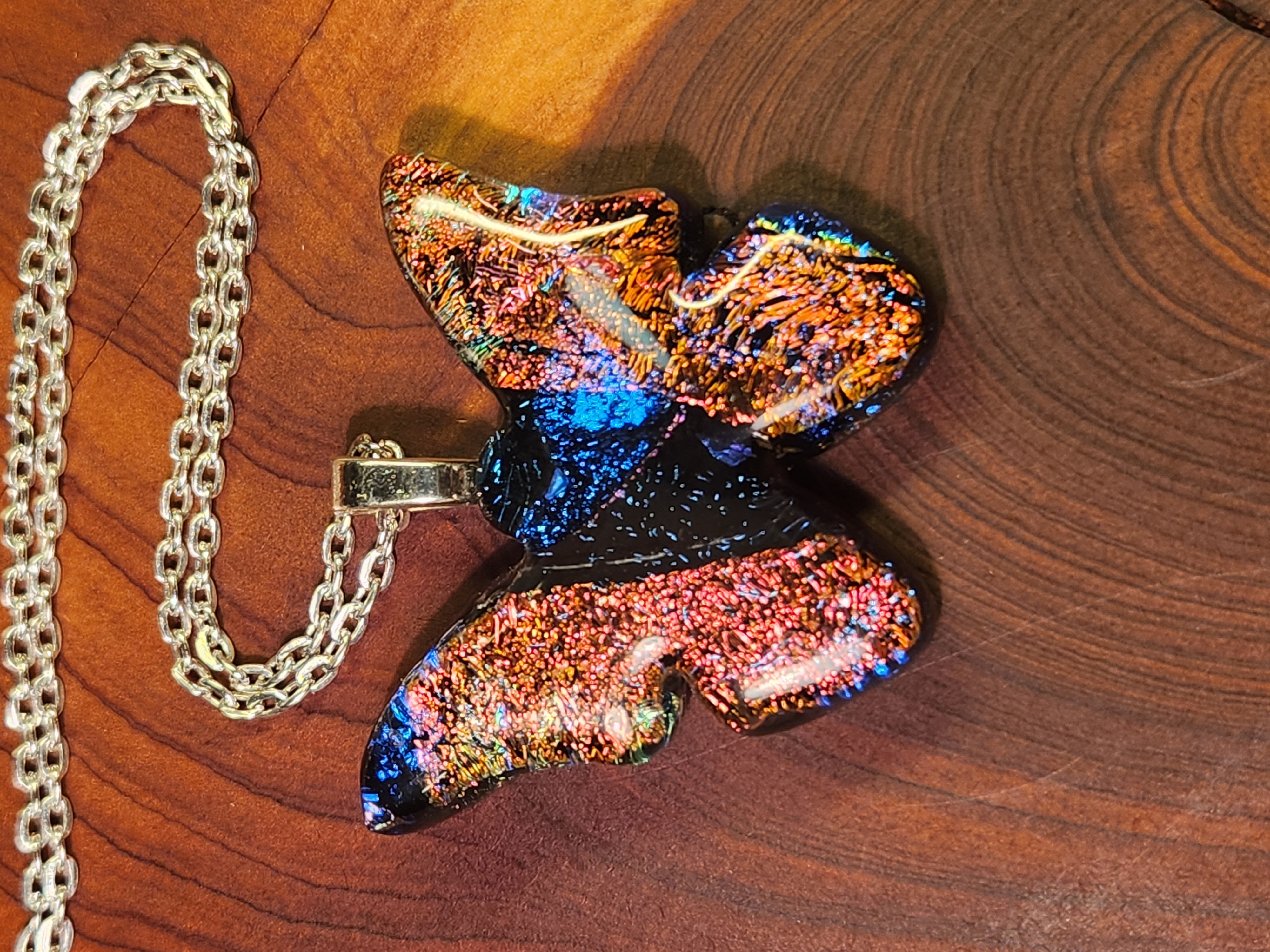 Vibrant Multicolor Butterfly Dichroic Fused Glass Necklace