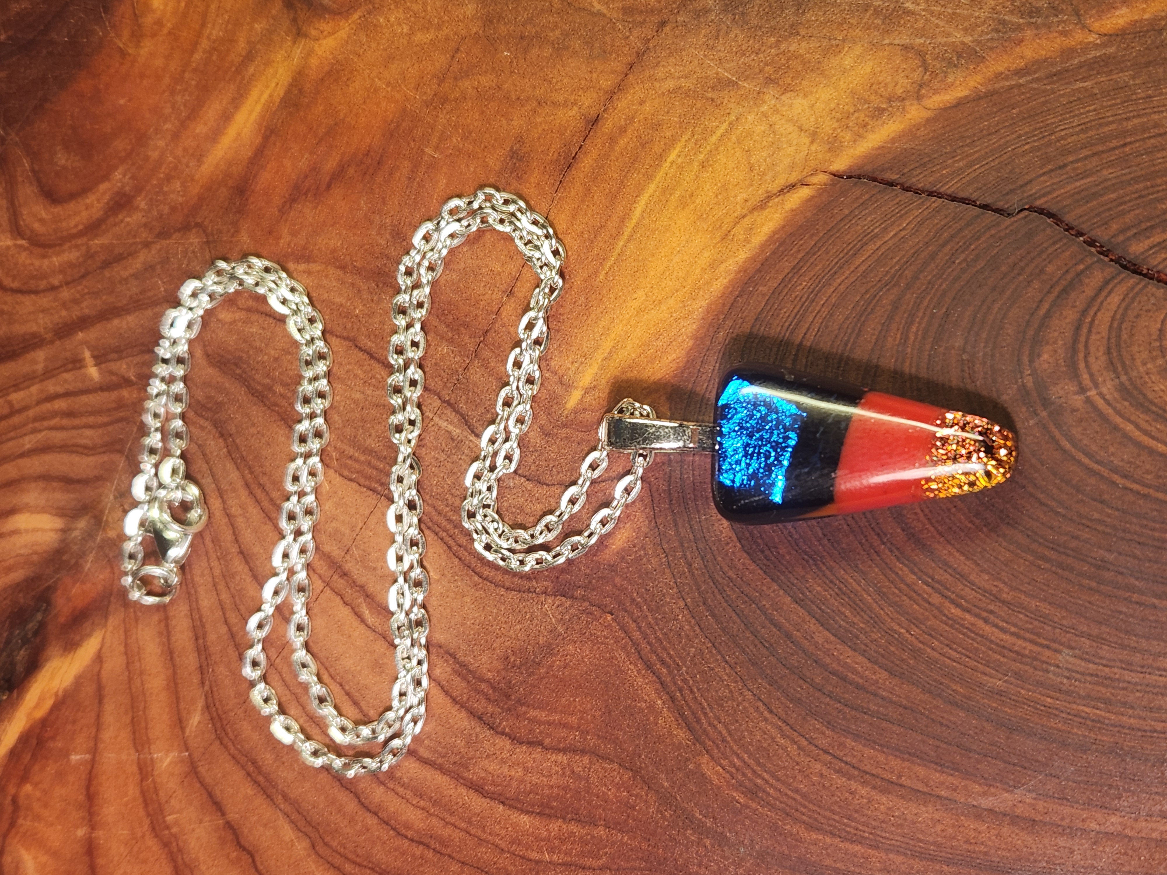 Blue, Red & Gold Trapezoid Dichroic Fused Glass Necklace