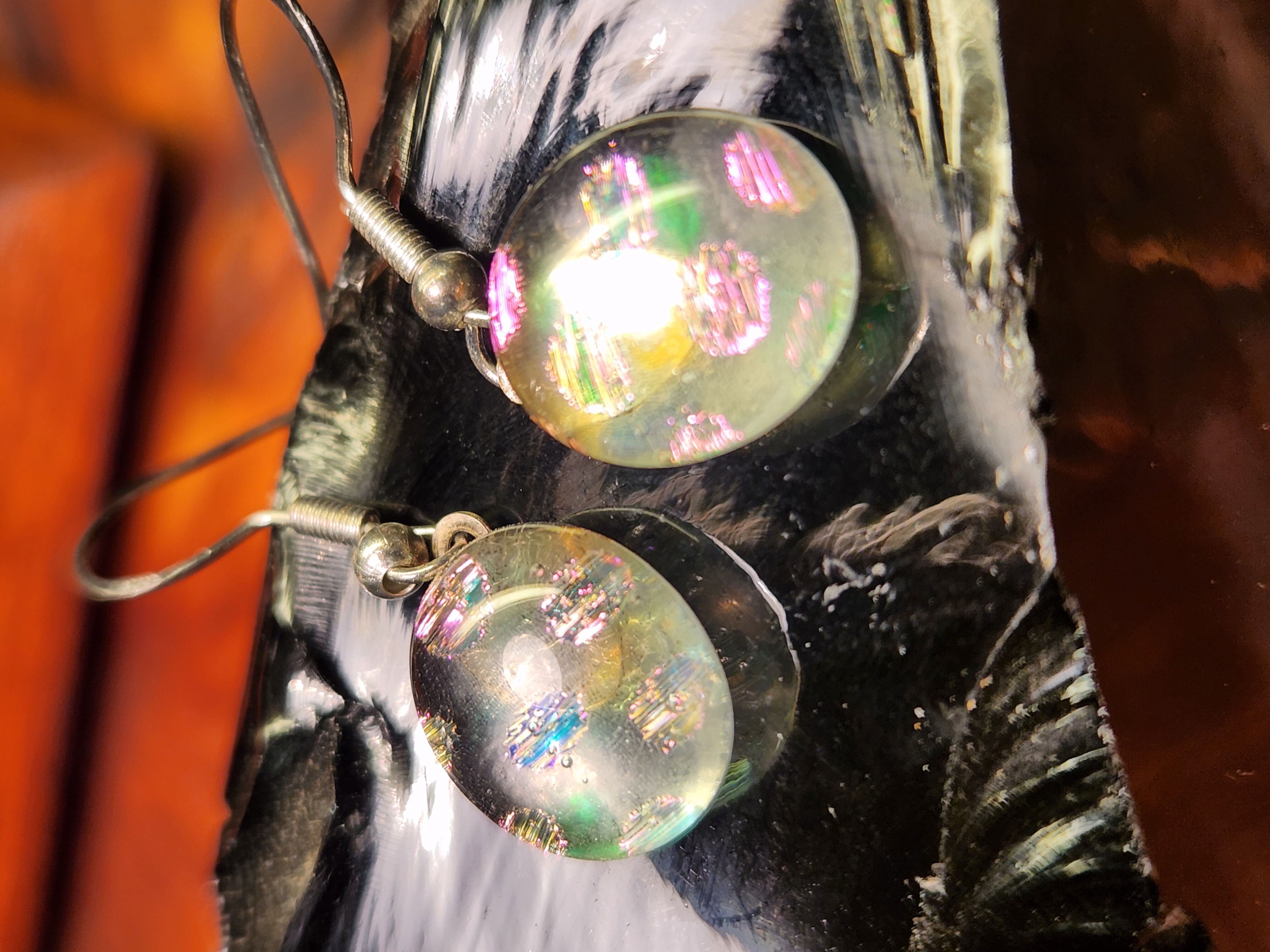 Clear Iridescent Pink Polka Dot Glow Dichroic Fused Glass Earrings