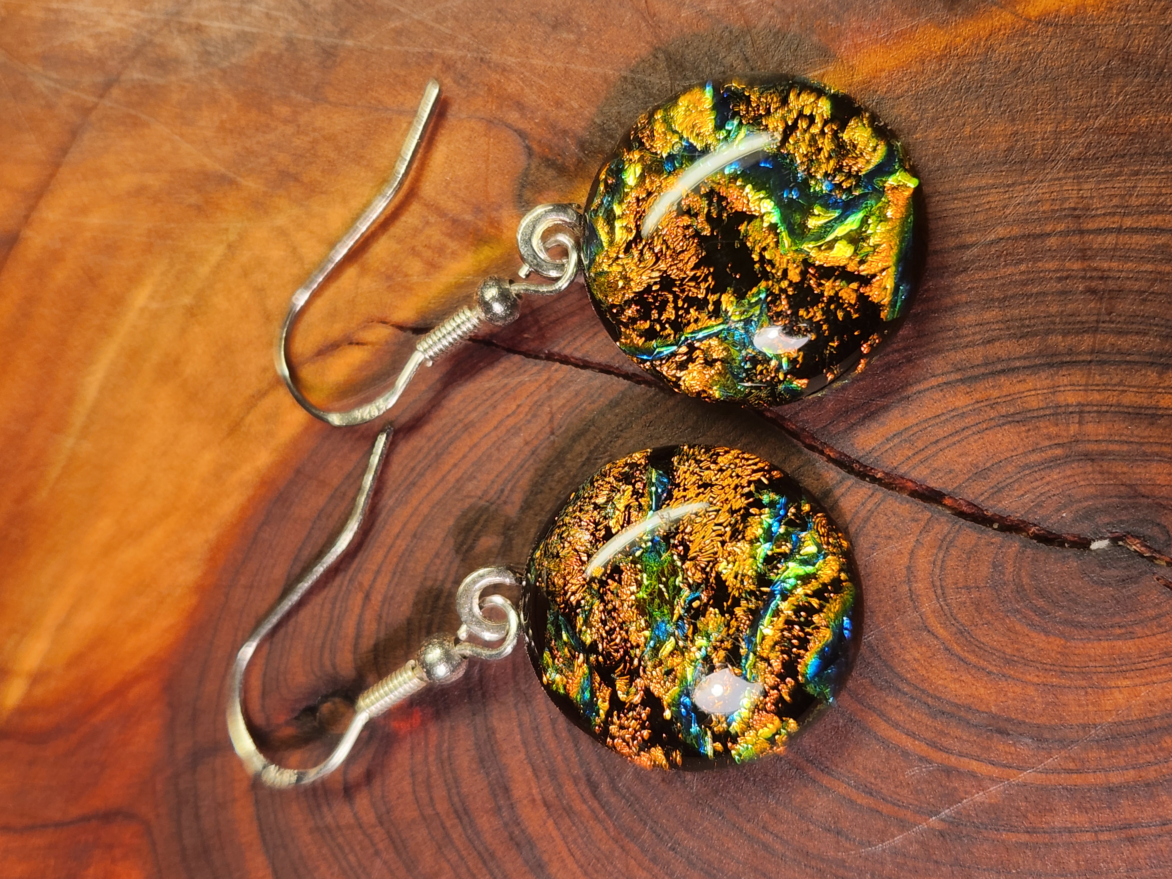 Round Drop Gold & Blue Dichroic Fused Glass Earrings