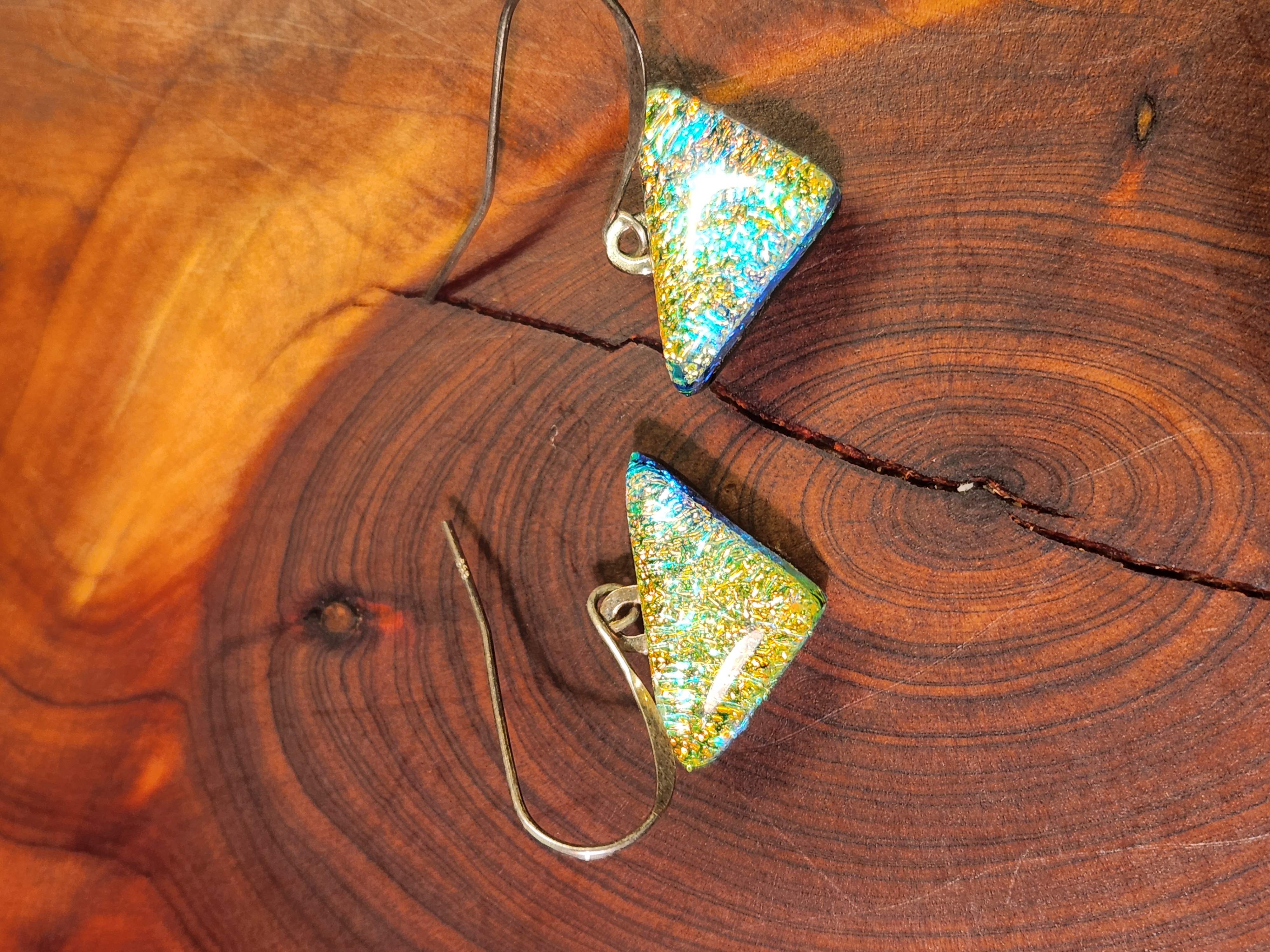 Gold & Aqua Triangle Dichroic Fused Glass Earrings