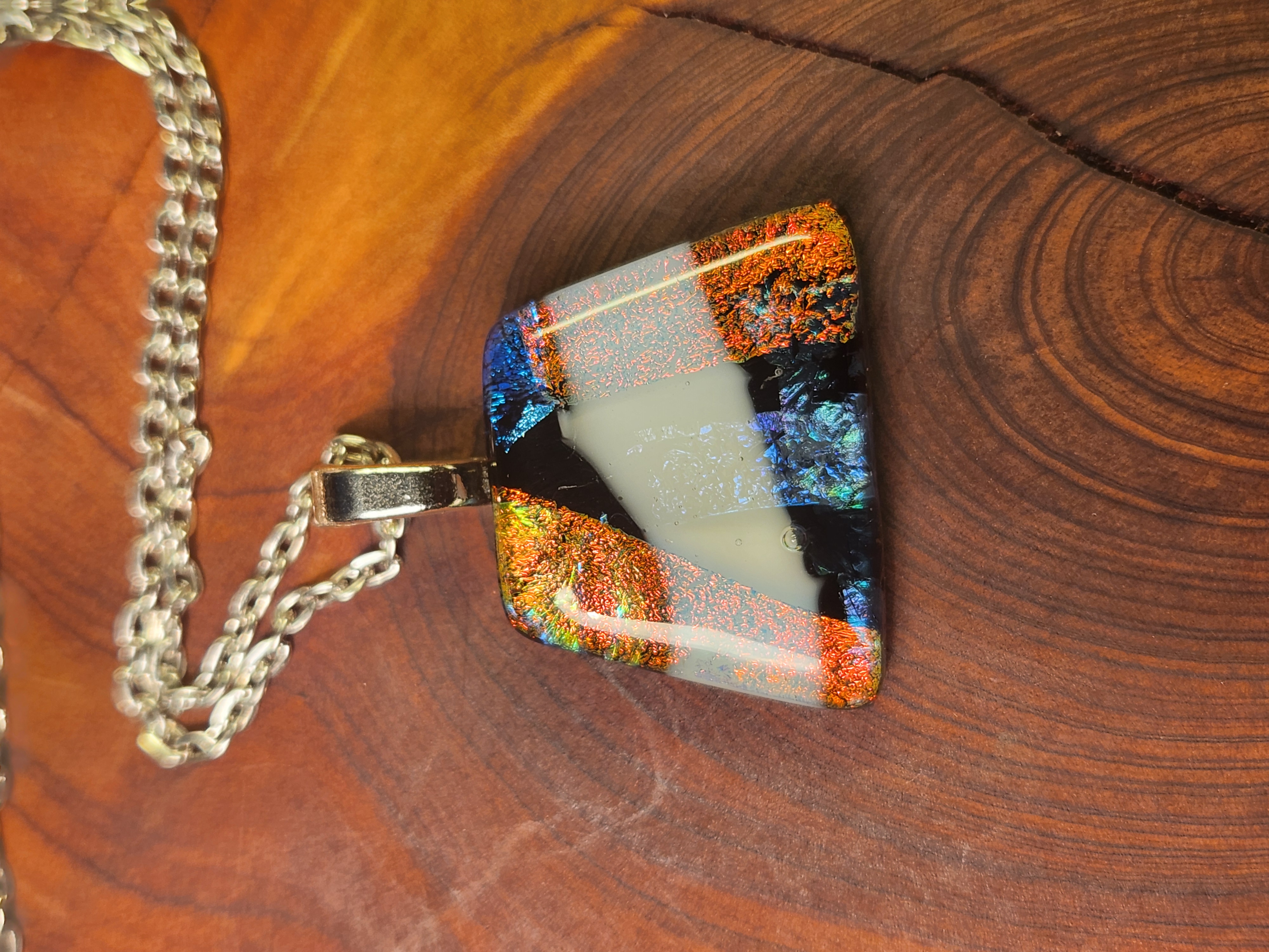 Vibrant Orange, Blue & Gold Dichroic Fused Glass Necklace