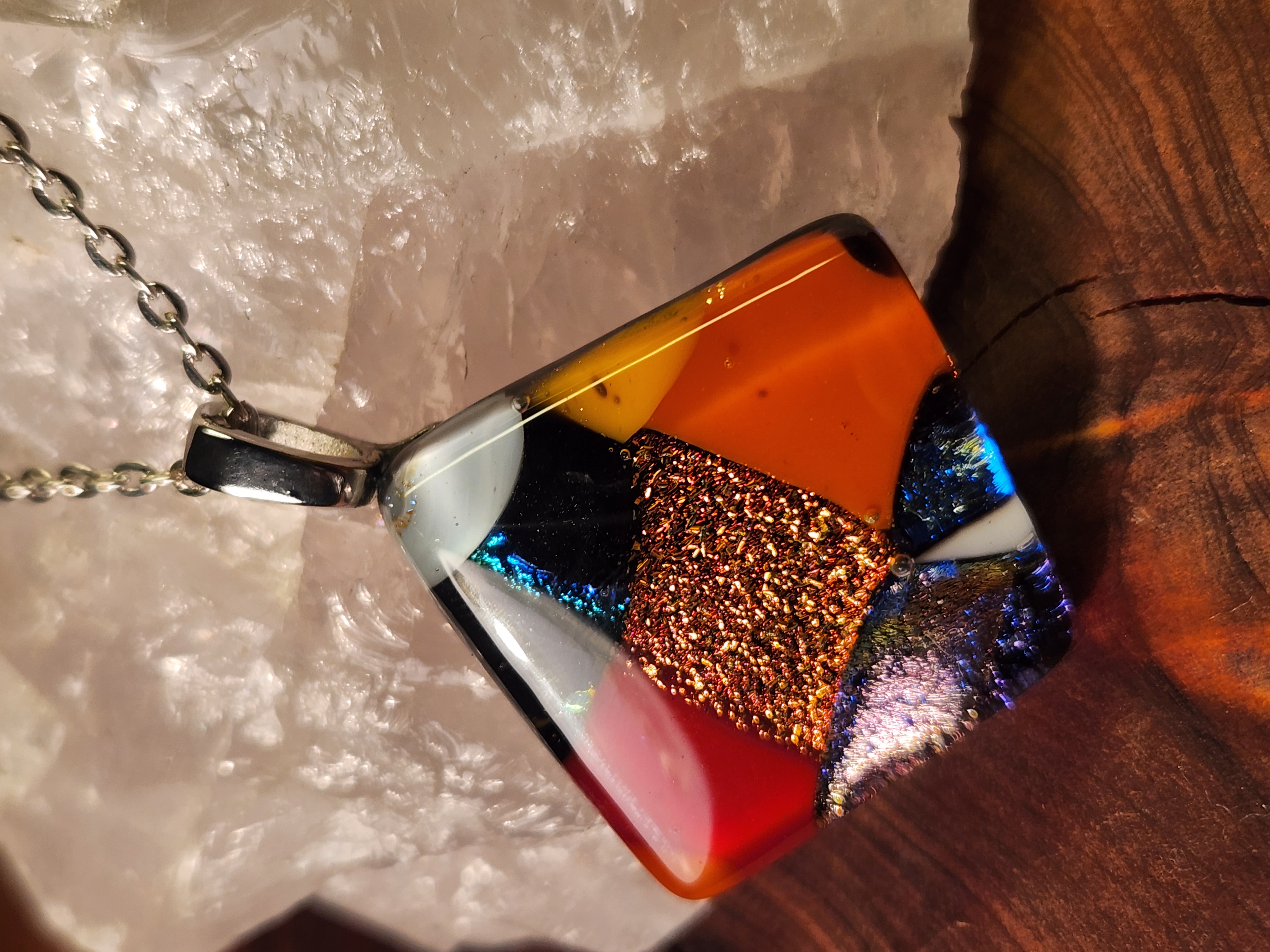 Mosaic Red, Orange & Yellow Dichroic Fused Glass Necklace