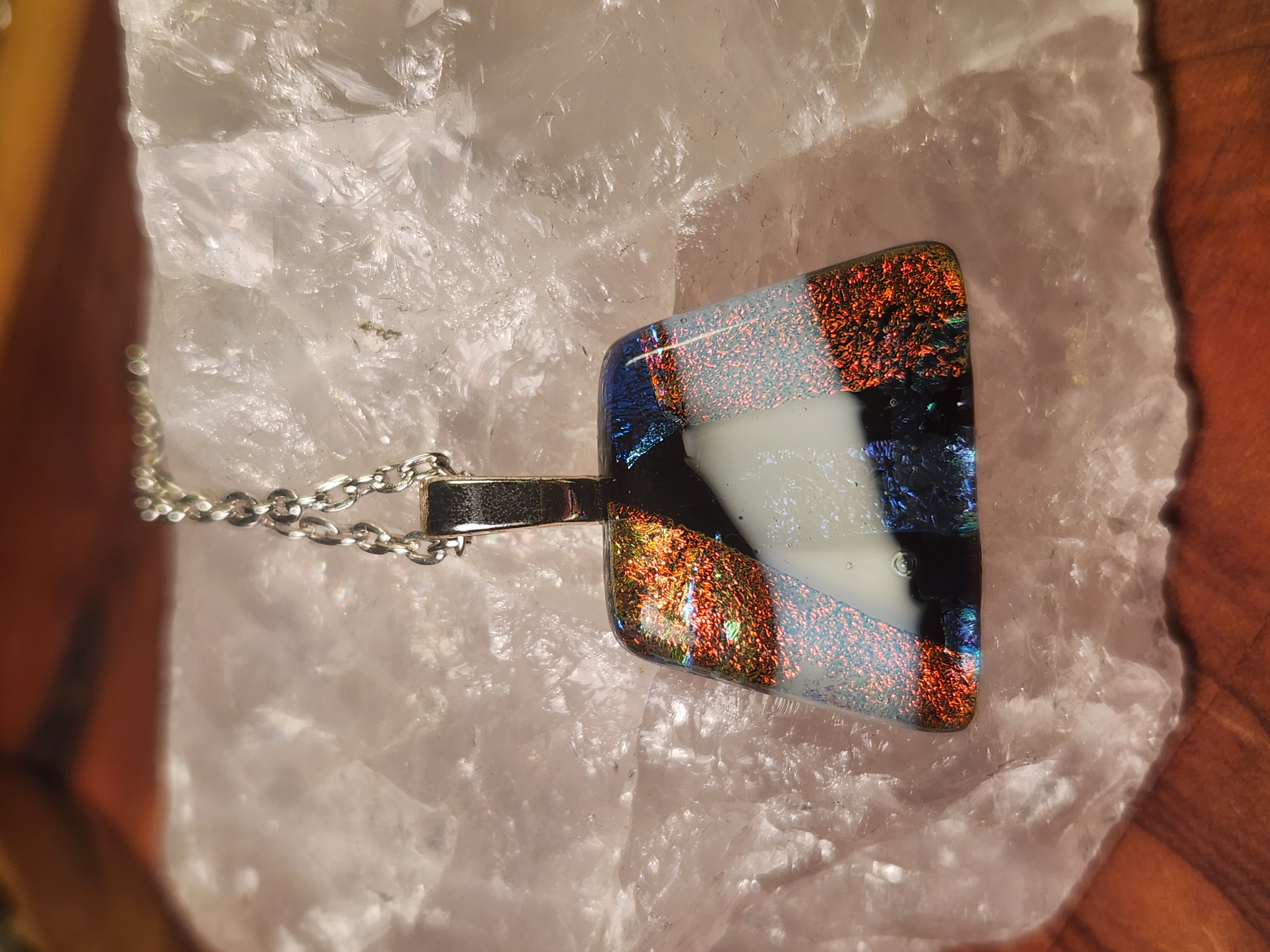 Vibrant Orange, Blue & Gold Dichroic Fused Glass Necklace