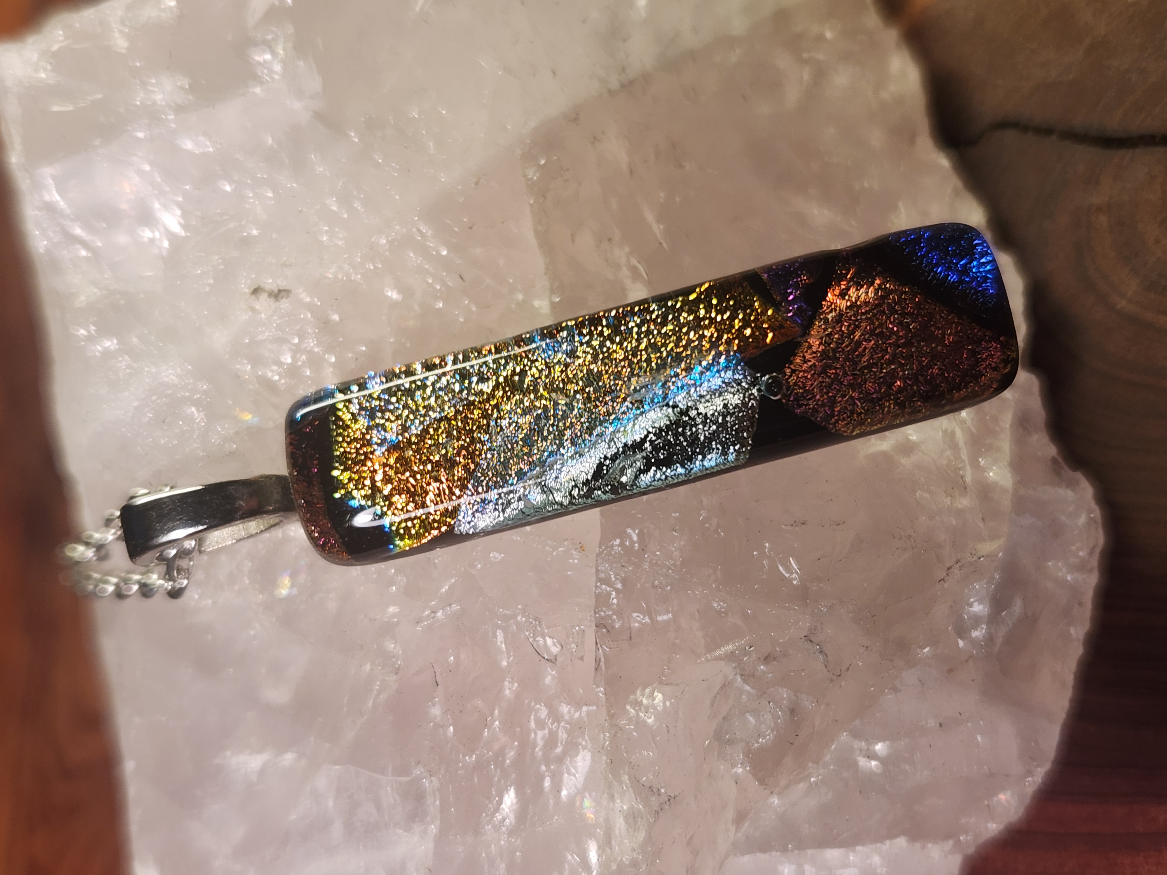 Long Rainbow Shimmer Dichroic Fused Glass Necklace