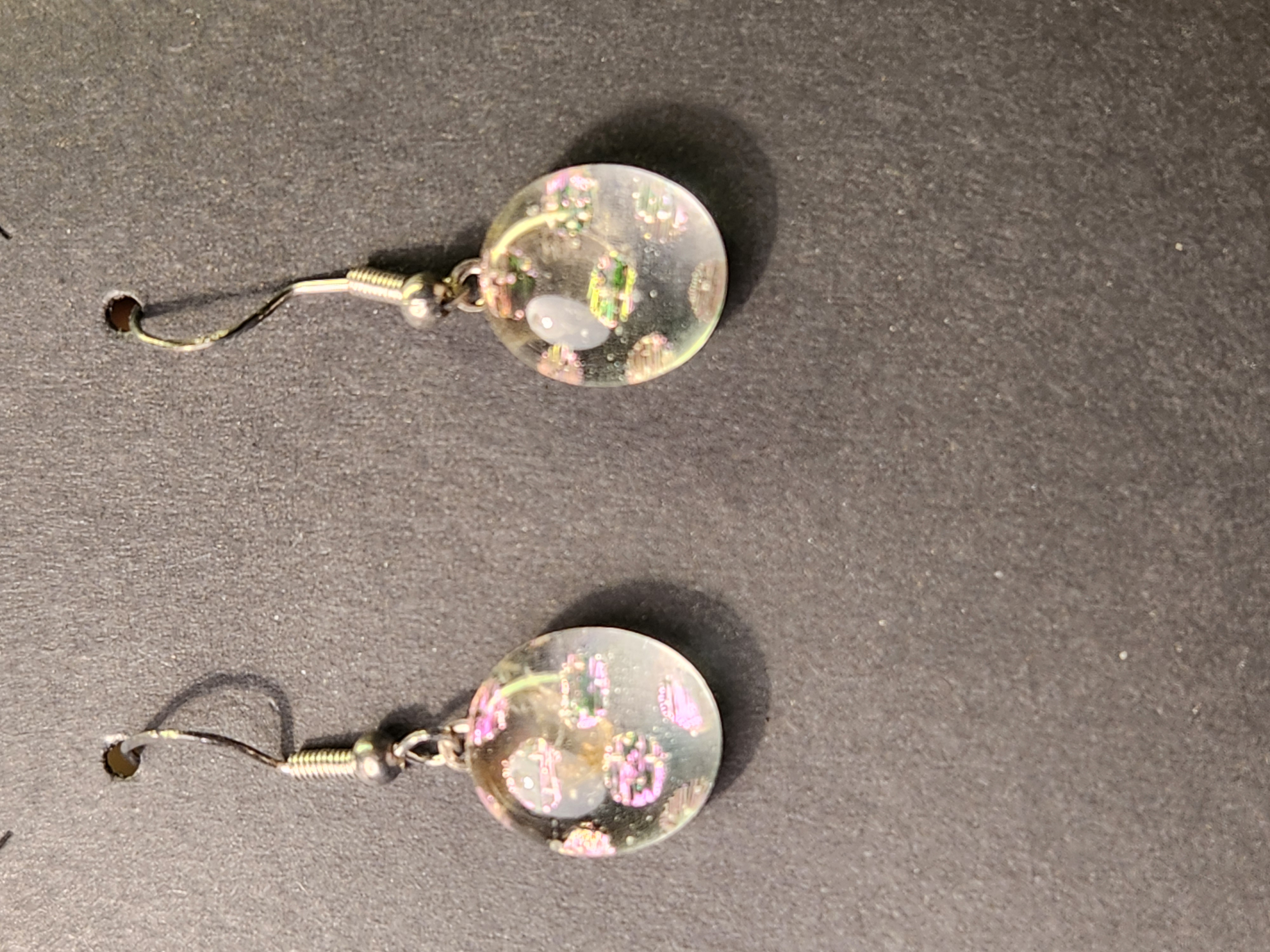 Clear Iridescent Pink Polka Dot Glow Dichroic Fused Glass Earrings