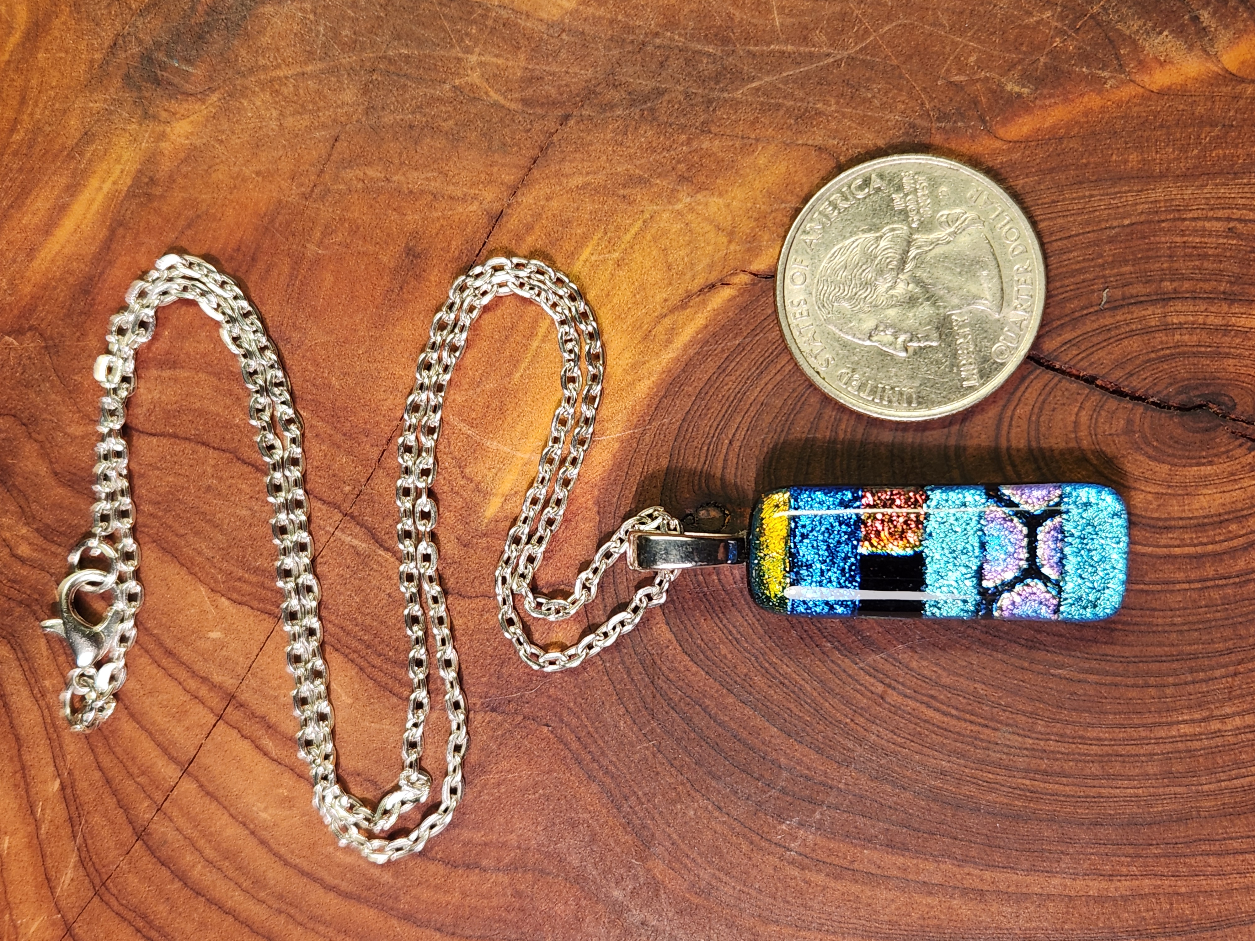 Blue & Rainbow Dichroic Fused Glass Necklace