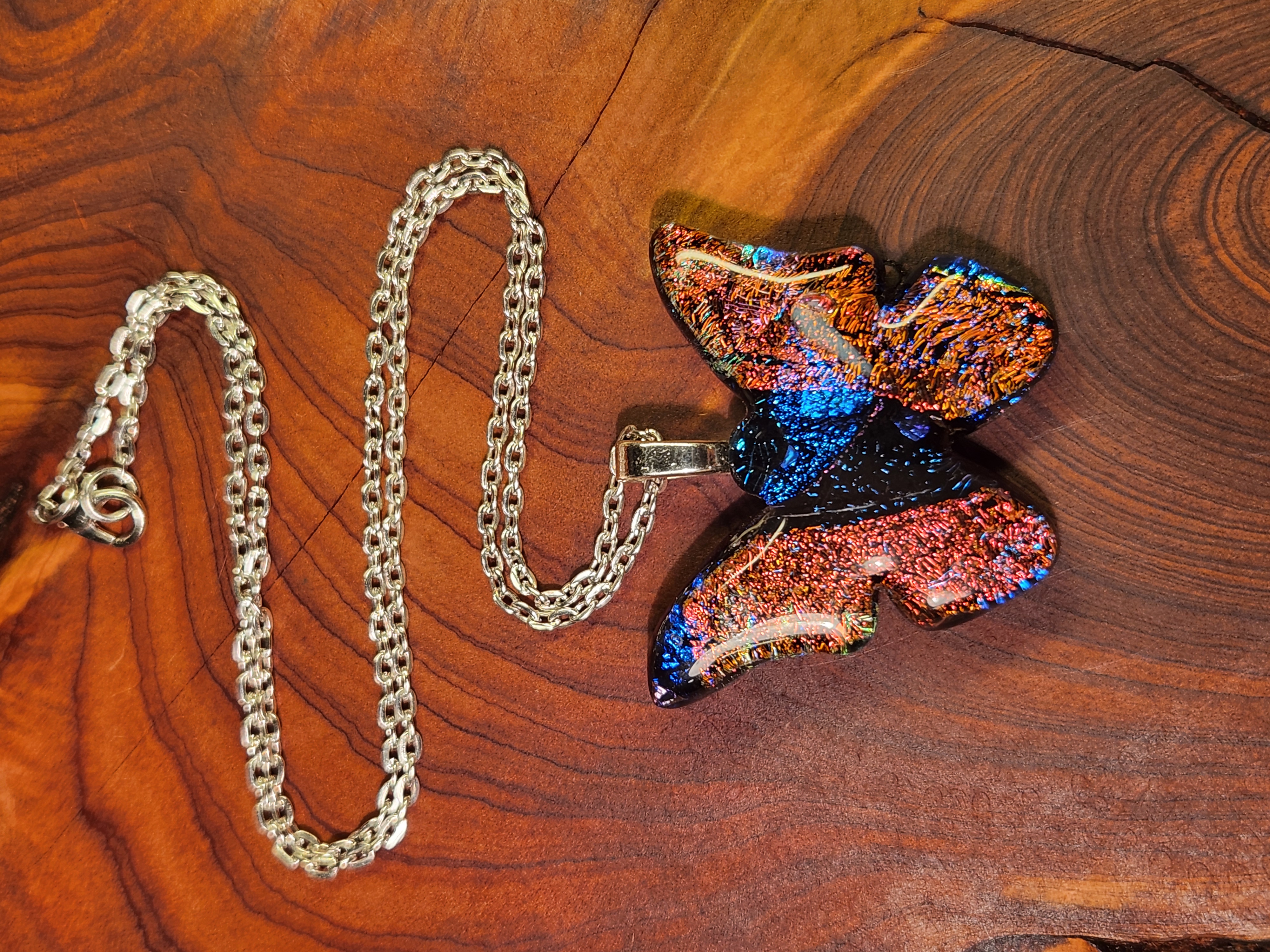 Vibrant Multicolor Butterfly Dichroic Fused Glass Necklace