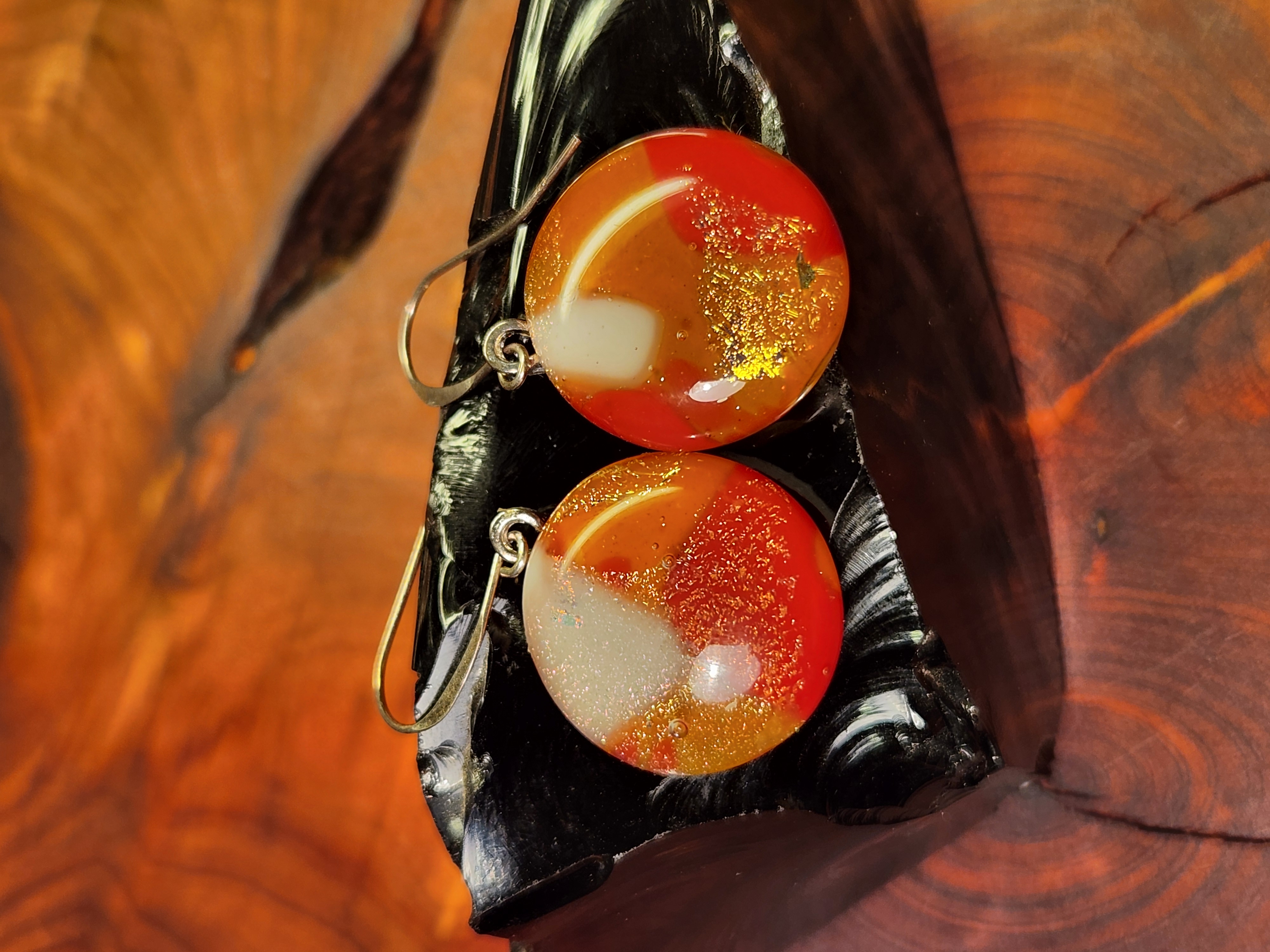 Fiery Orange, Gold & White Swirl Dichroic Fused Glass Earrings