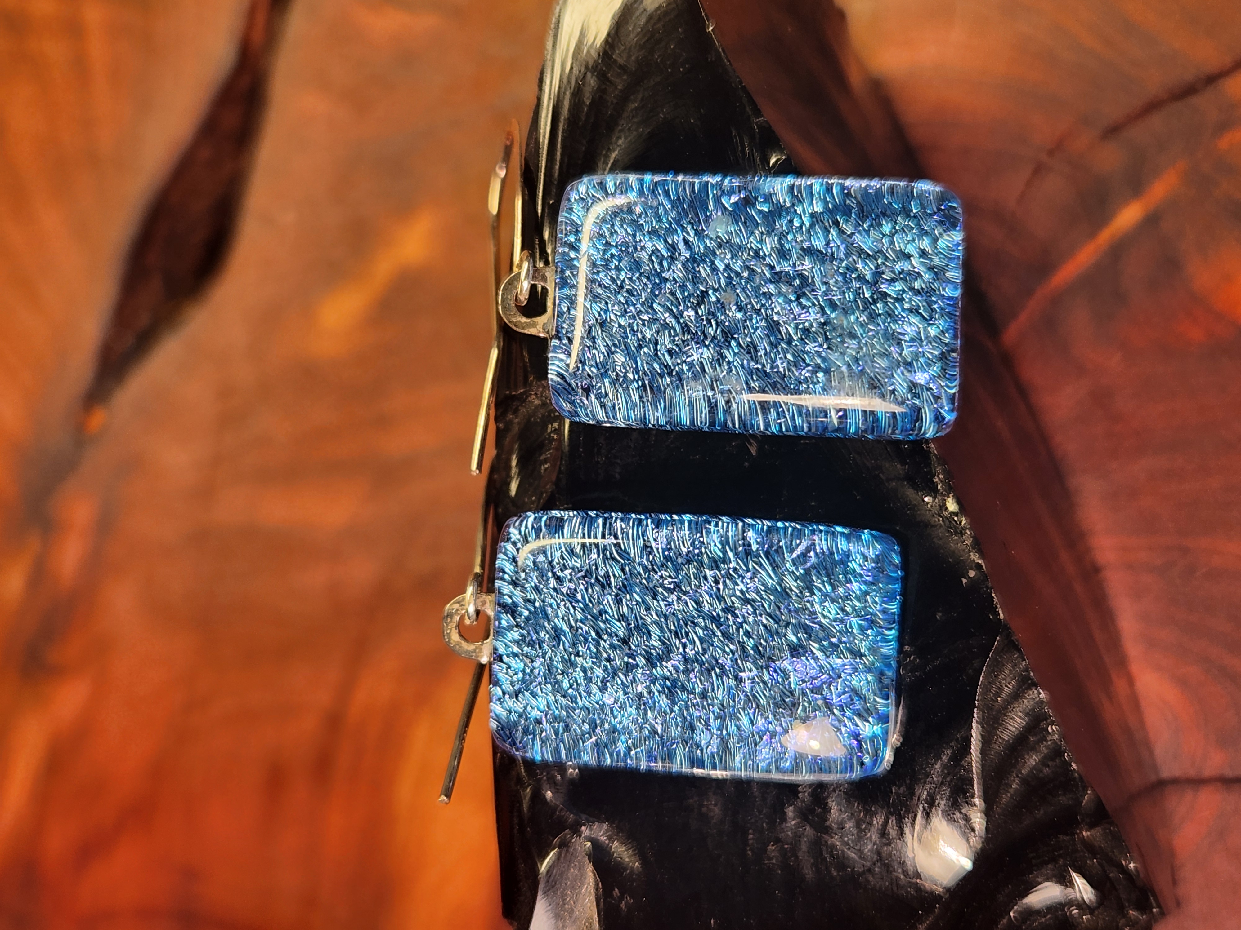 Icy Blue Rectangular Dichroic Fused Glass Earrings