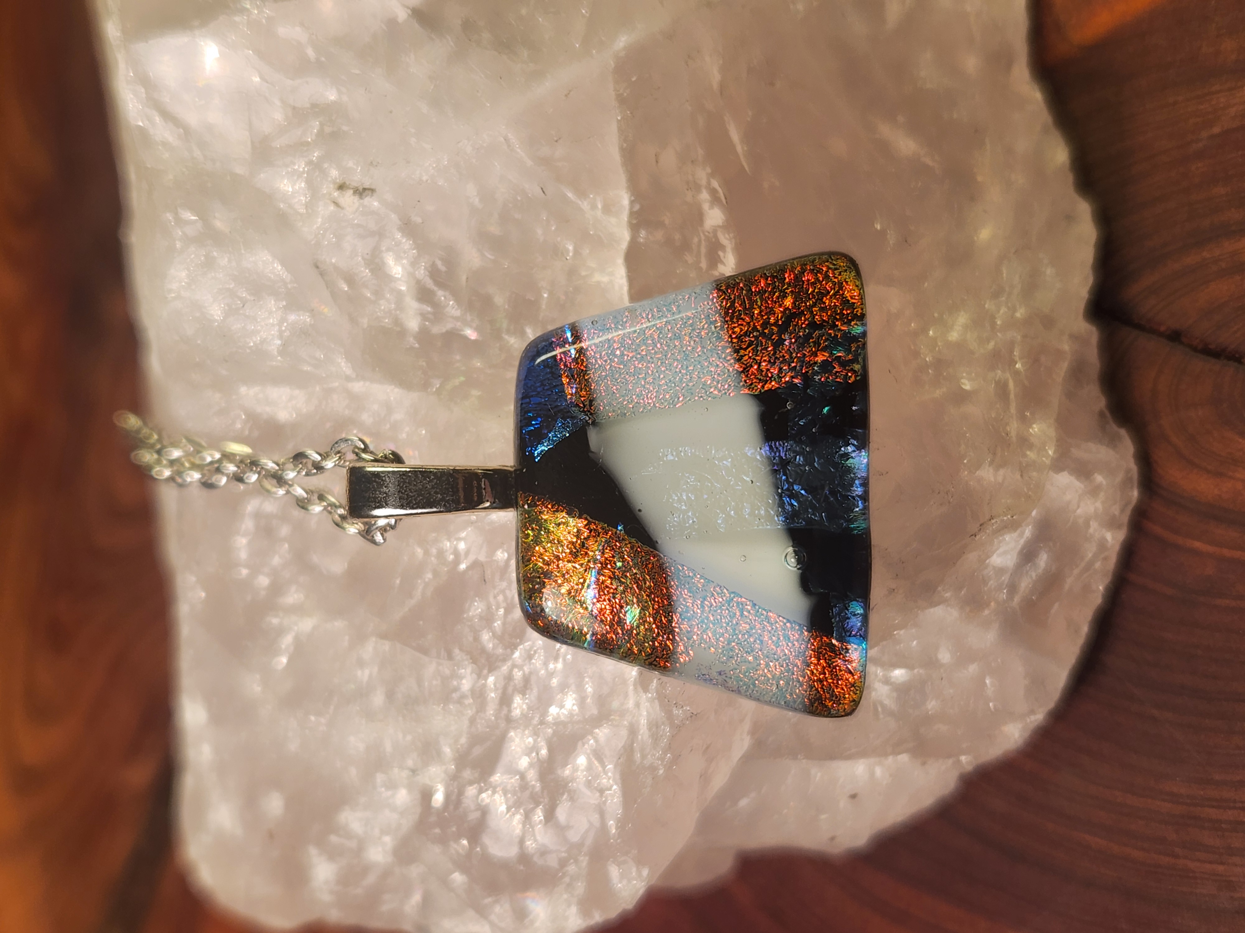 Vibrant Orange, Blue & Gold Dichroic Fused Glass Necklace