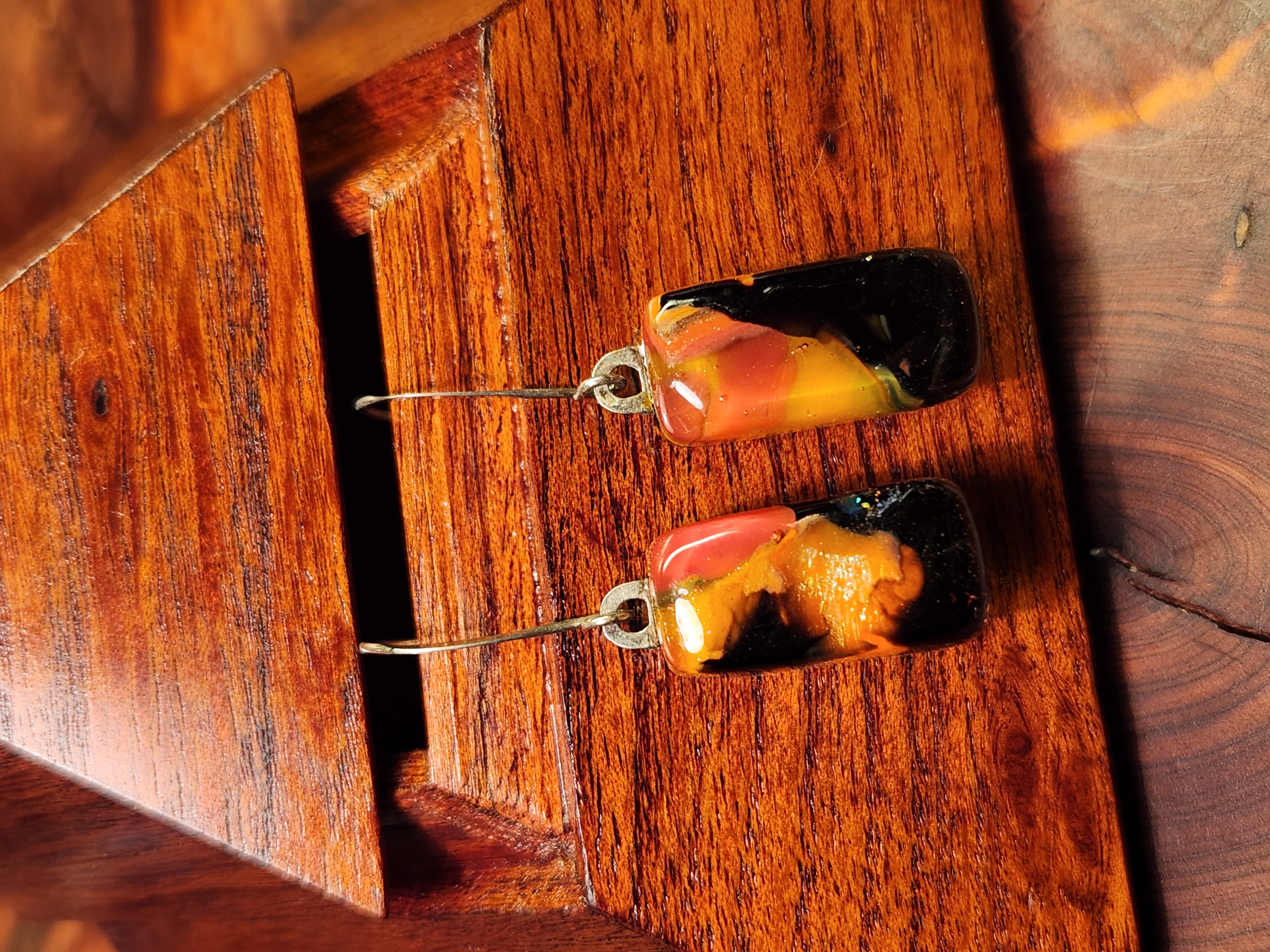 Orange & Black Swirl Dichroic Fused Glass Earrings