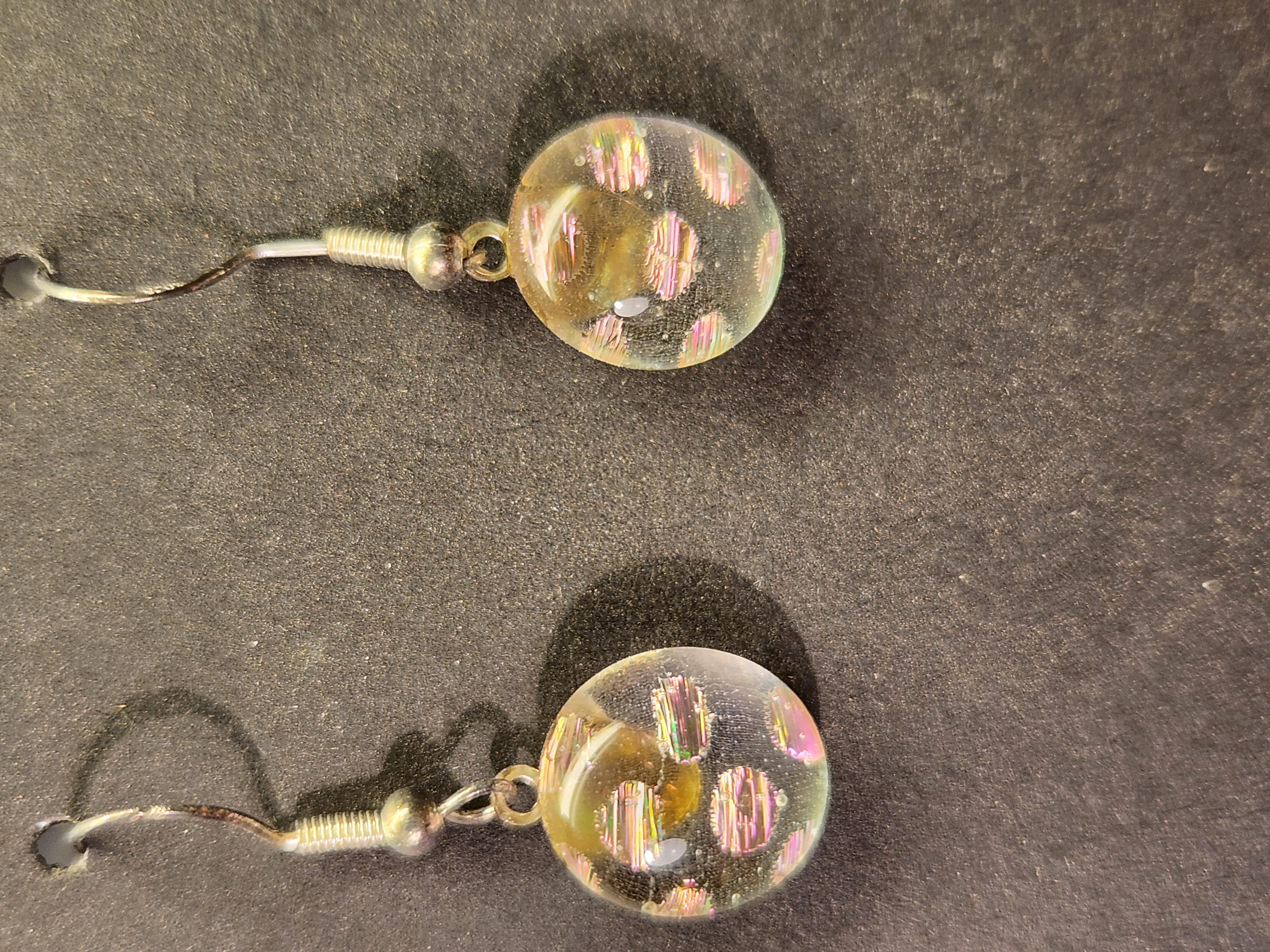 Clear Iridescent Pink Polka Dot Glow Dichroic Fused Glass Earrings