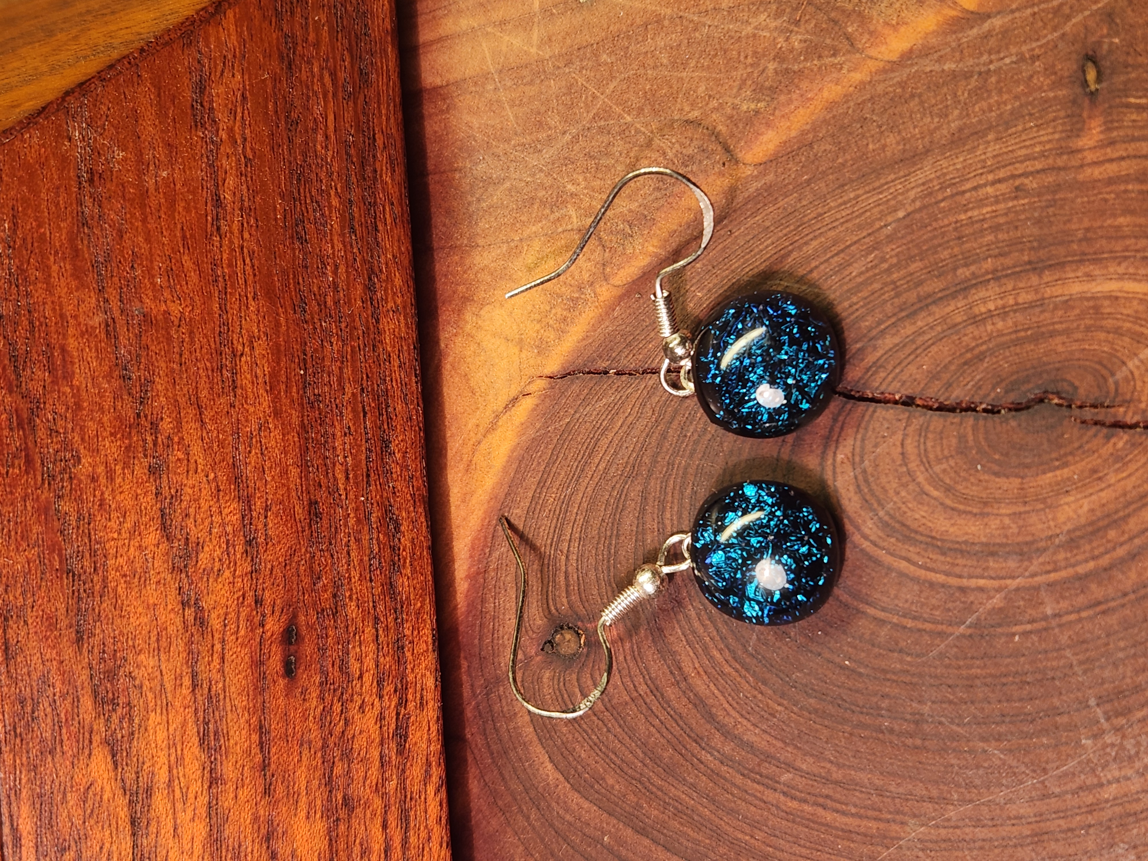 Round Blue Dichroic Fused Glass Earrings
