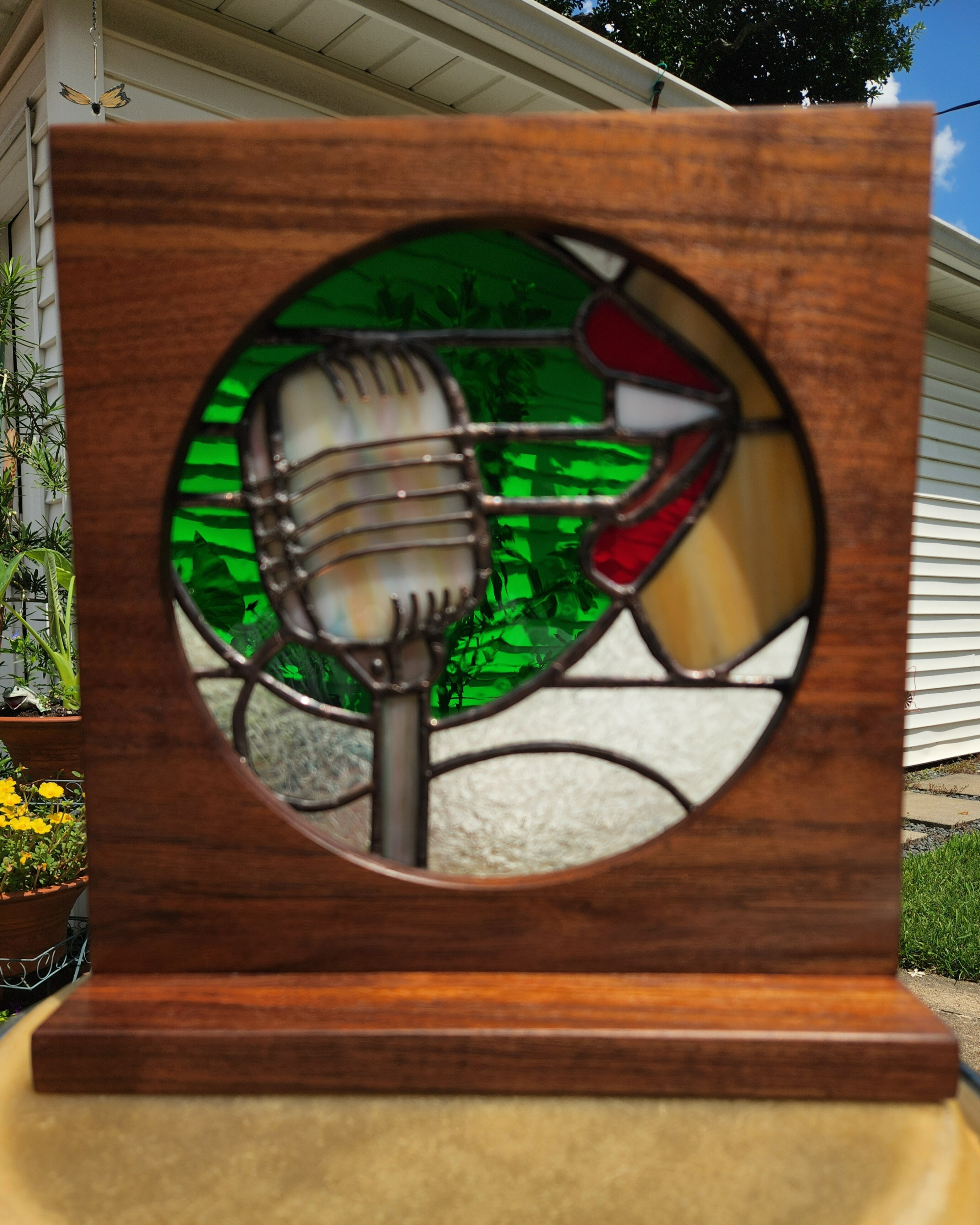 Vocal Vibration | Stained Glass Art with Heart Energy – Vintage Mic + Voice in Walnut Frame