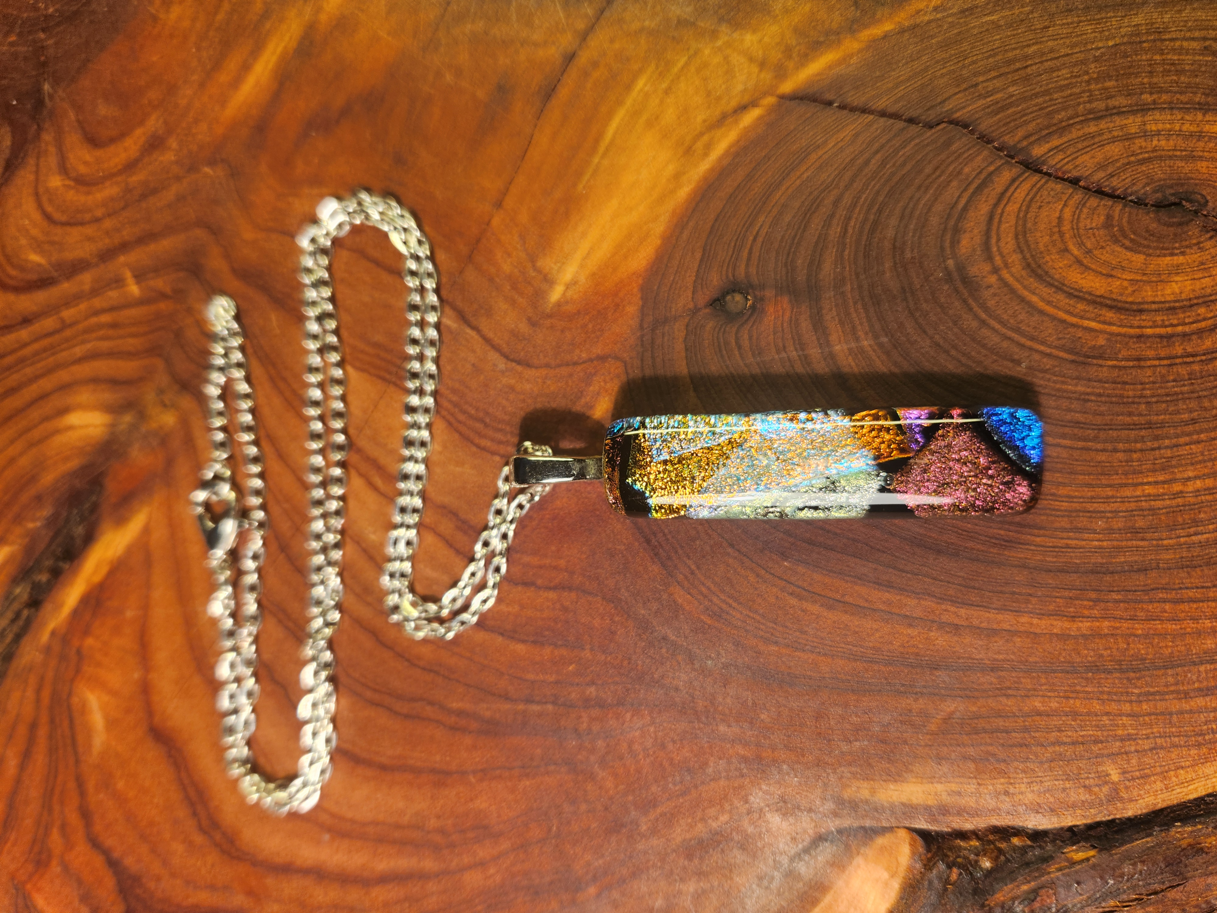 Long Rainbow Shimmer Dichroic Fused Glass Necklace