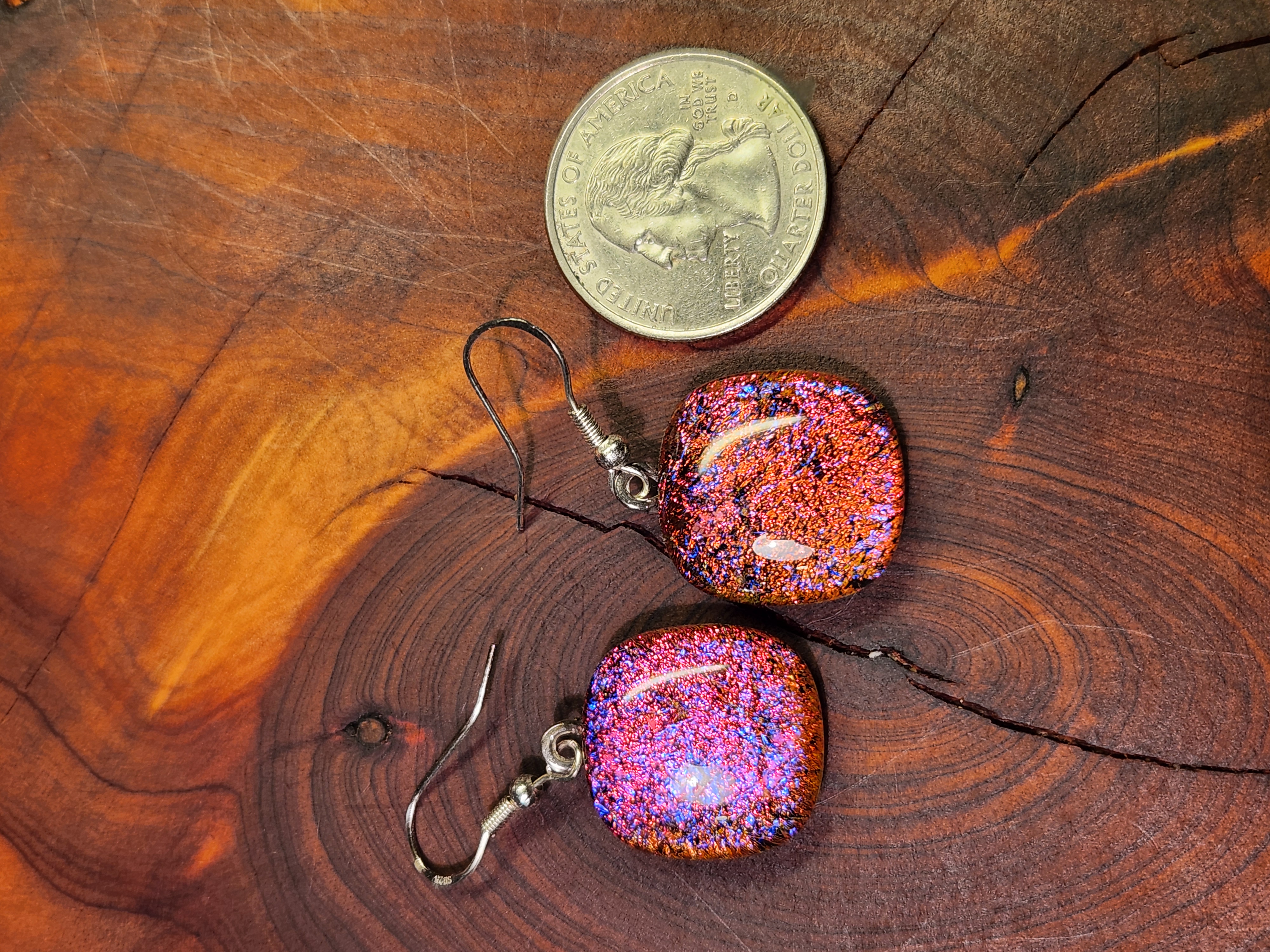 Fiery Red & Rainbow Dichroic Fused Glass Earrings