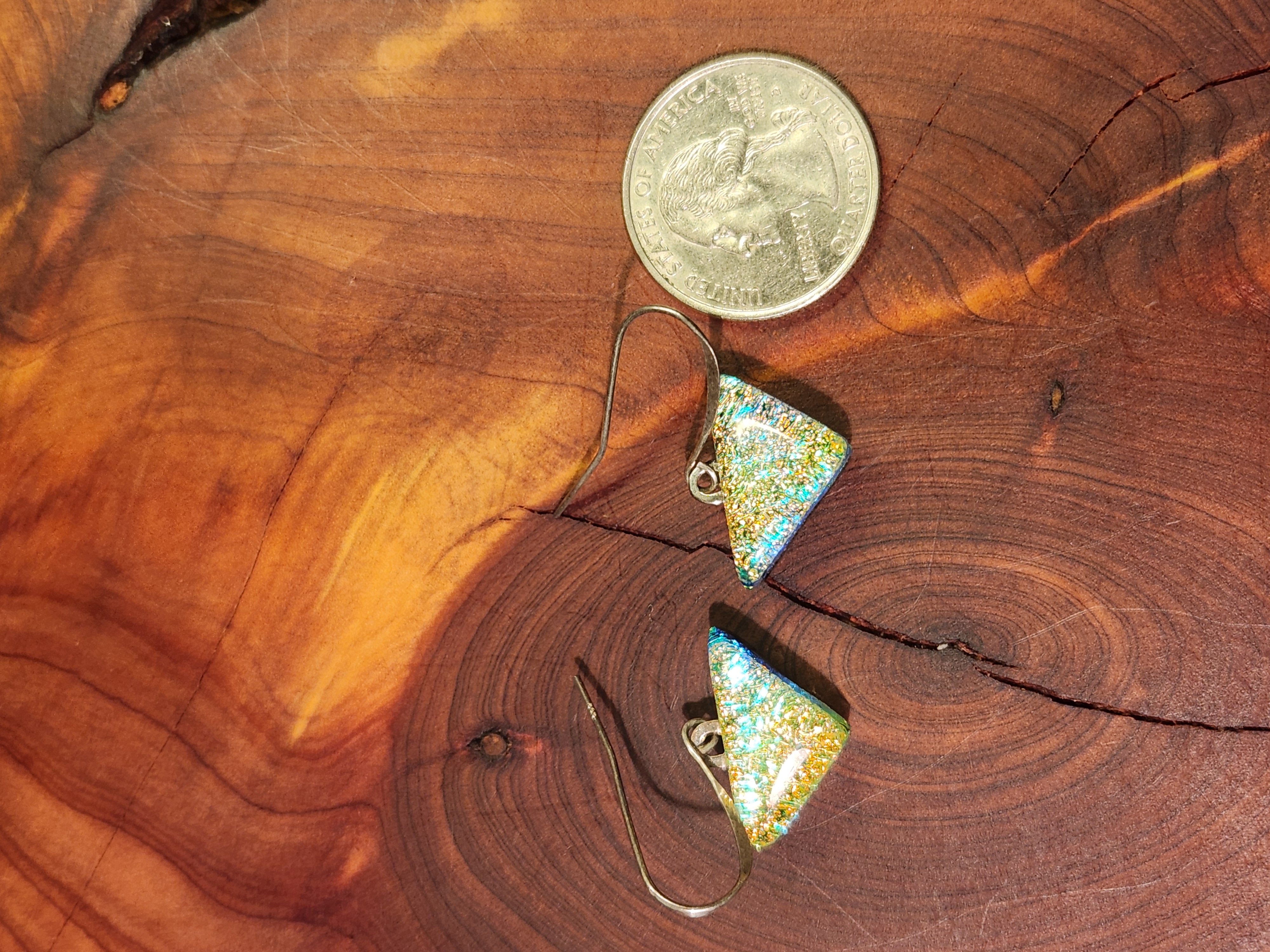 Gold & Aqua Triangle Dichroic Fused Glass Earrings