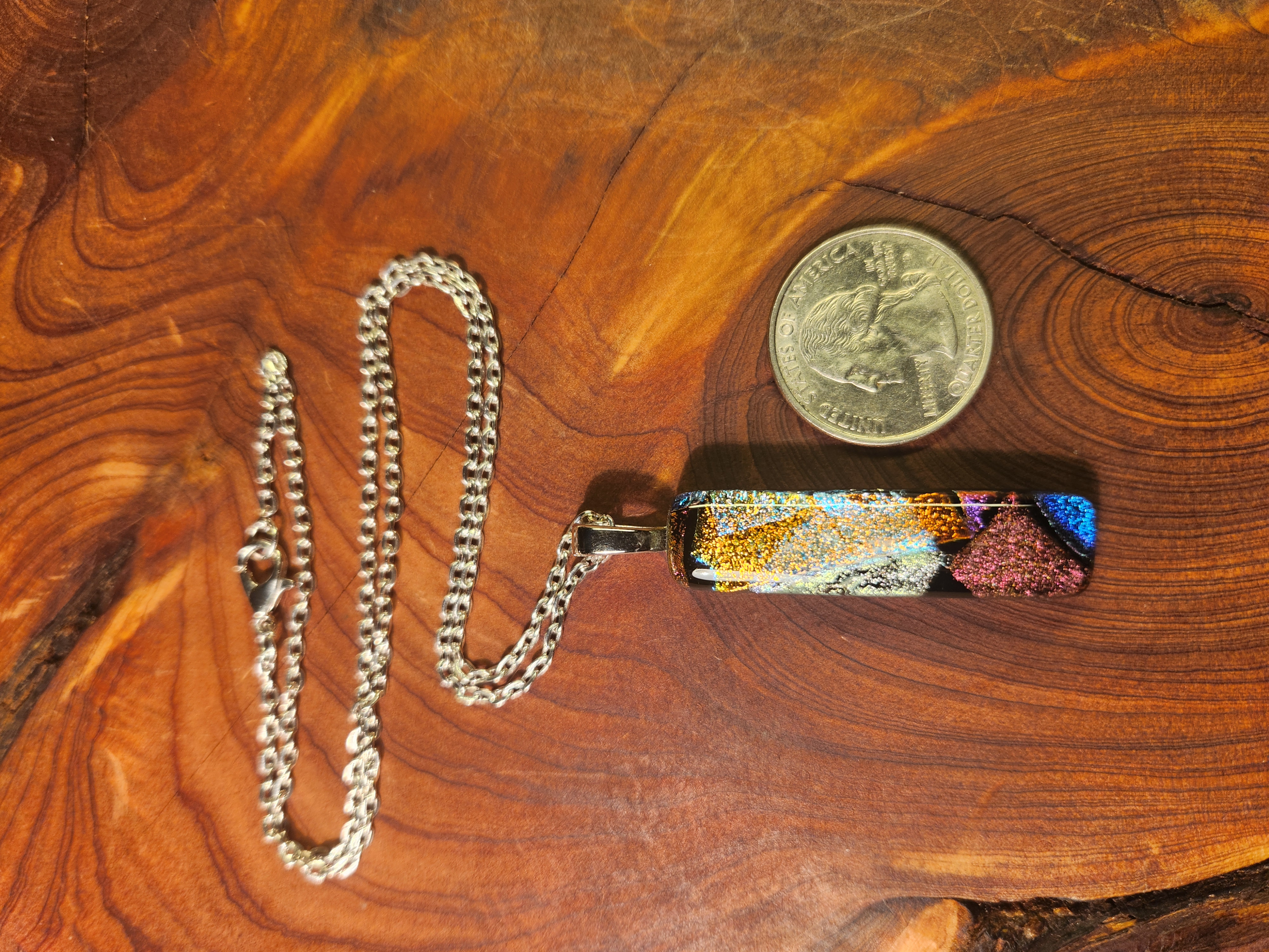 Long Rainbow Shimmer Dichroic Fused Glass Necklace