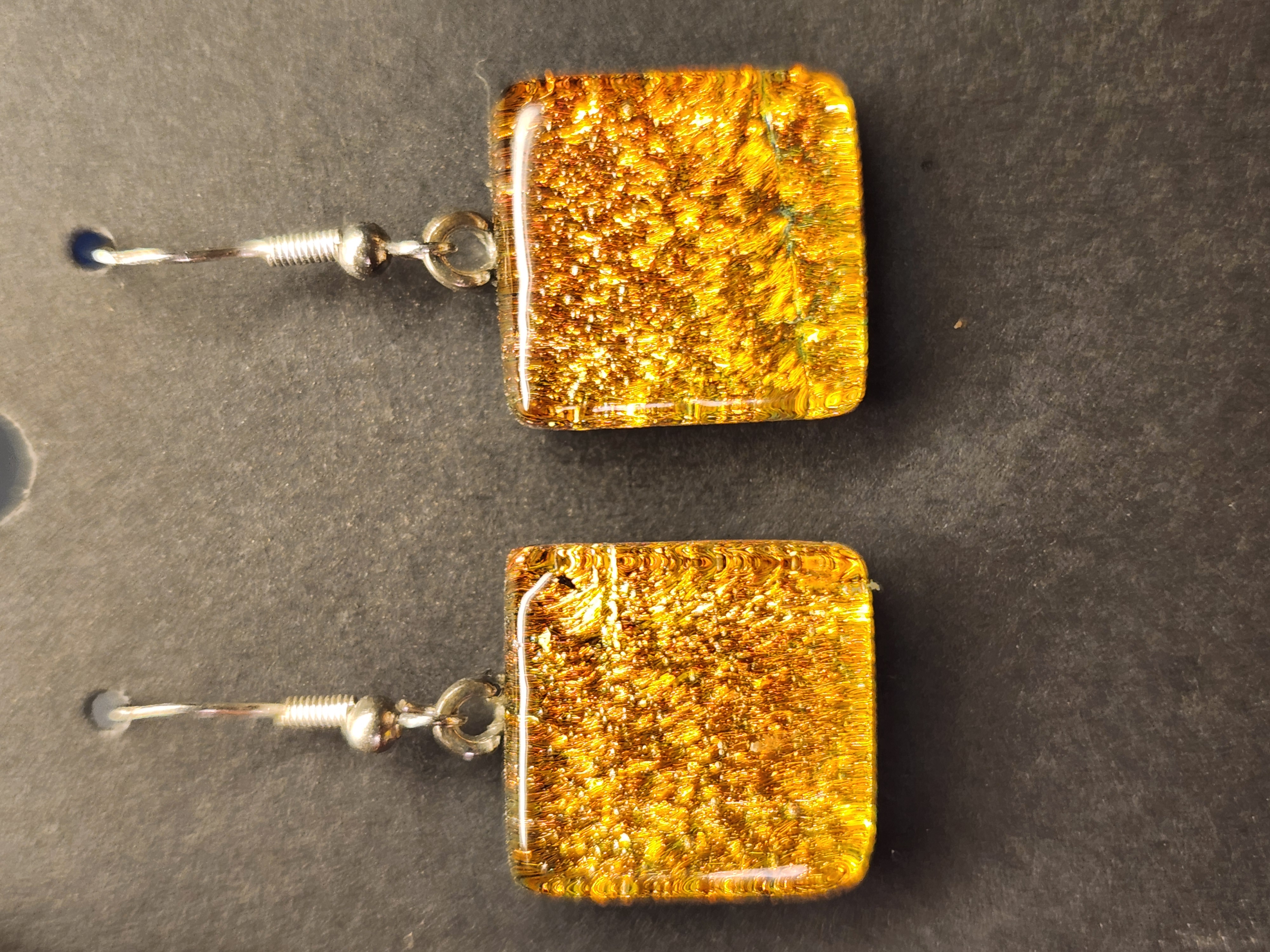 Golden Square Dichroic Fused Glass Earrings