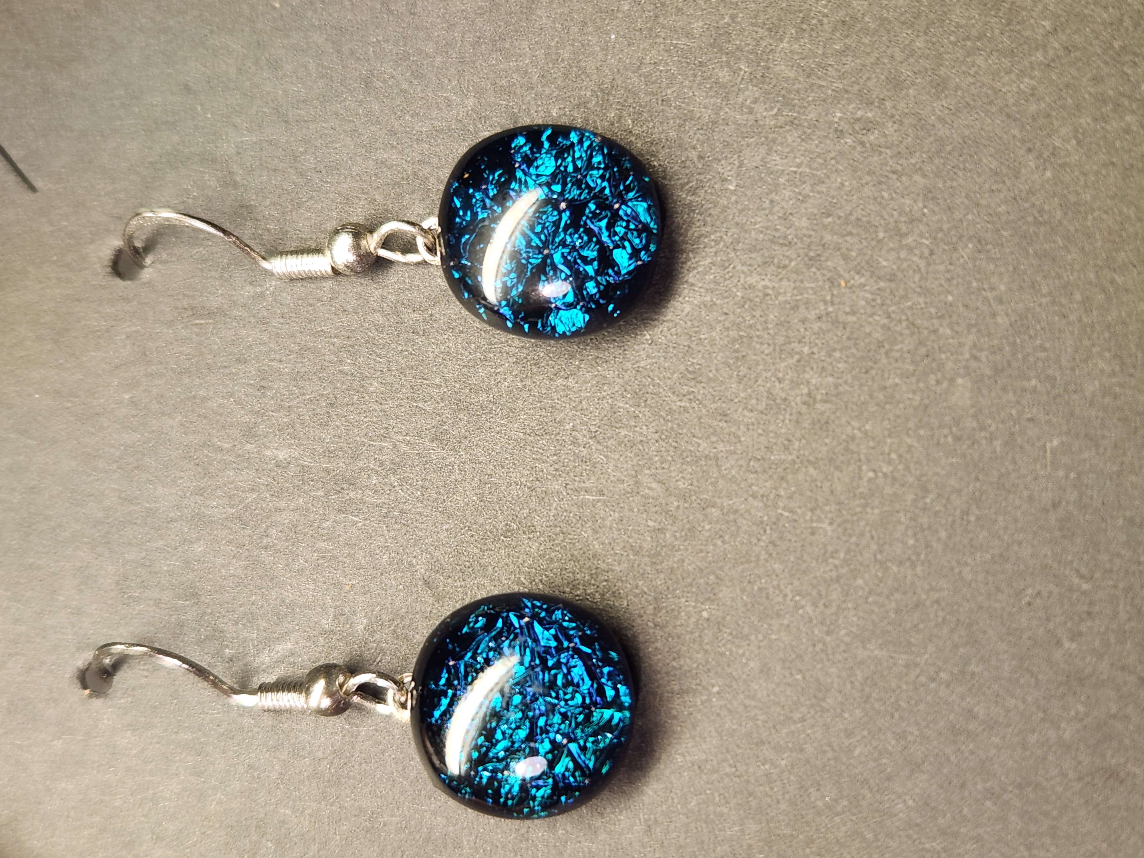 Round Blue Dichroic Fused Glass Earrings