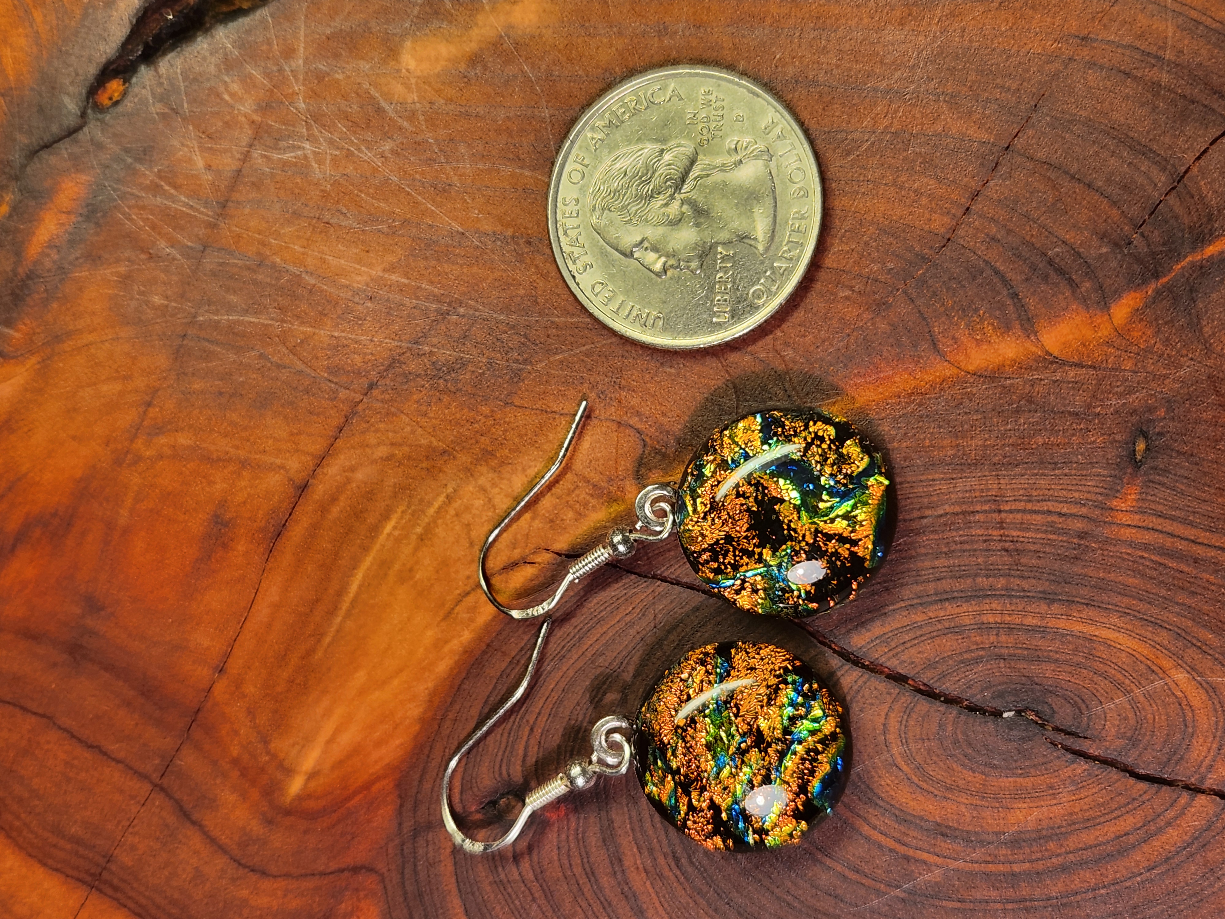 Round Drop Gold & Blue Dichroic Fused Glass Earrings