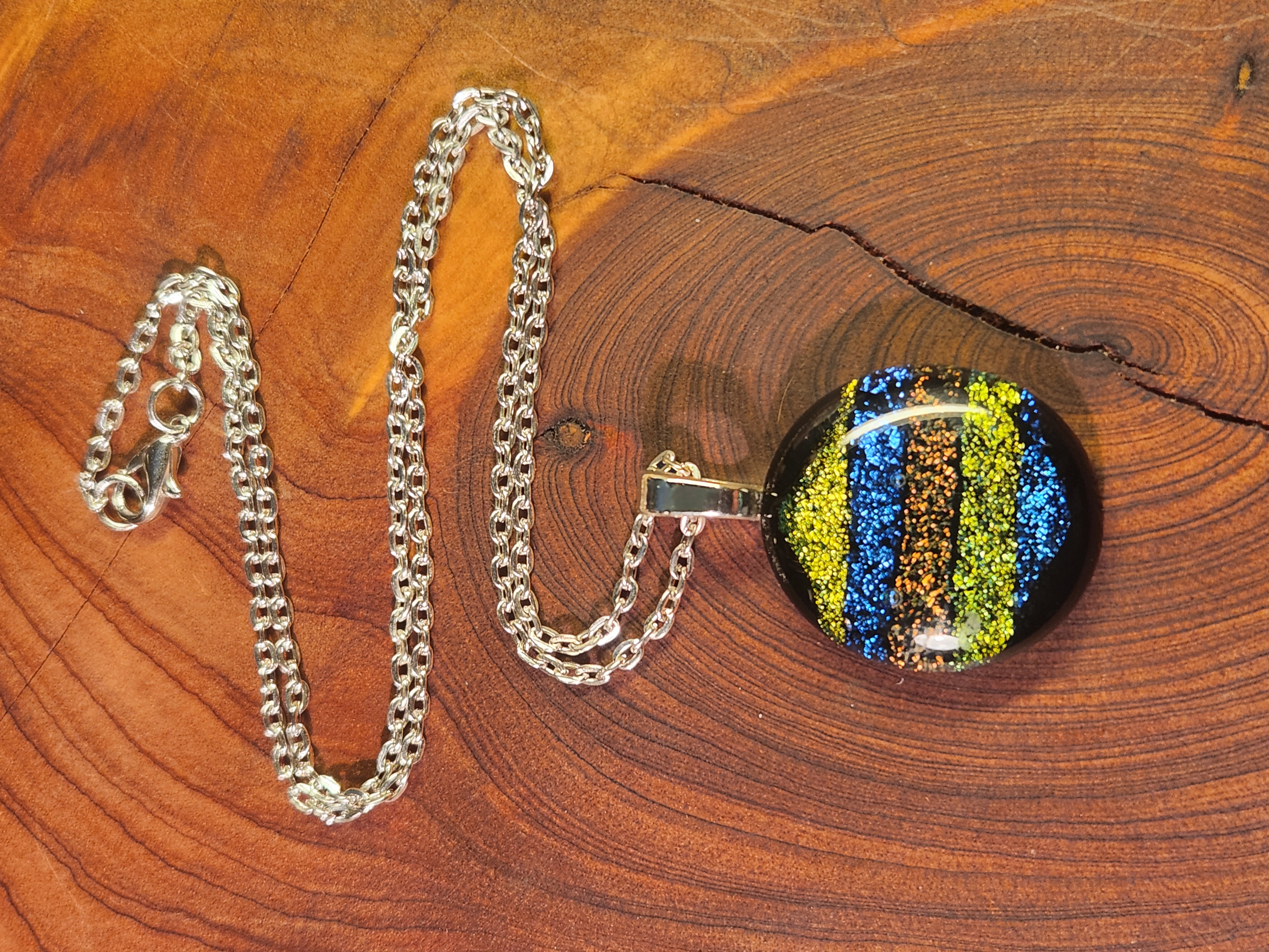 Round Striped Dichroic Fused Glass Necklace