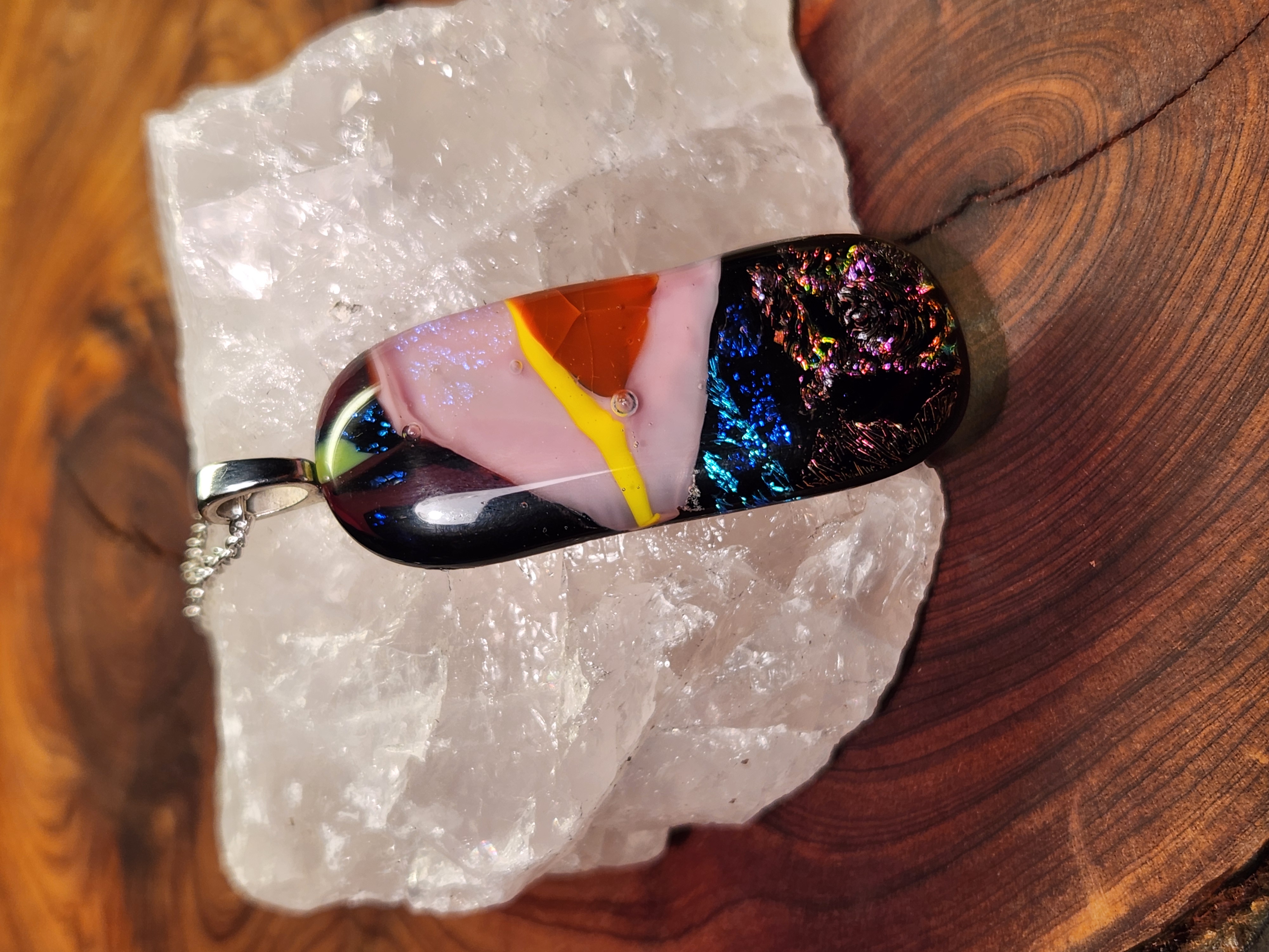 Abstract Multicolor Dichroic Fused Glass Necklace