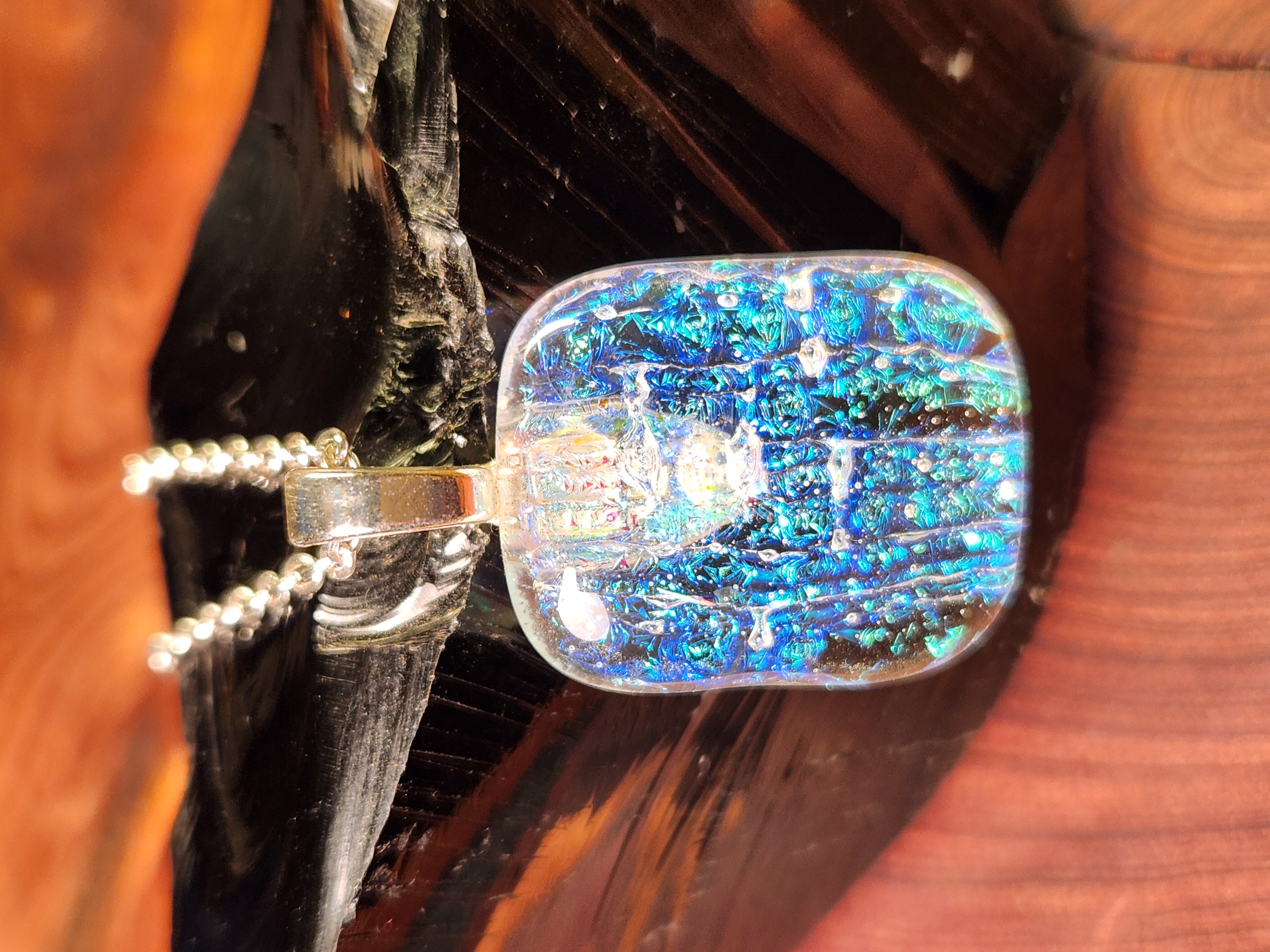 Aqua Fire Iridescent Dichroic Fused Glass Necklace