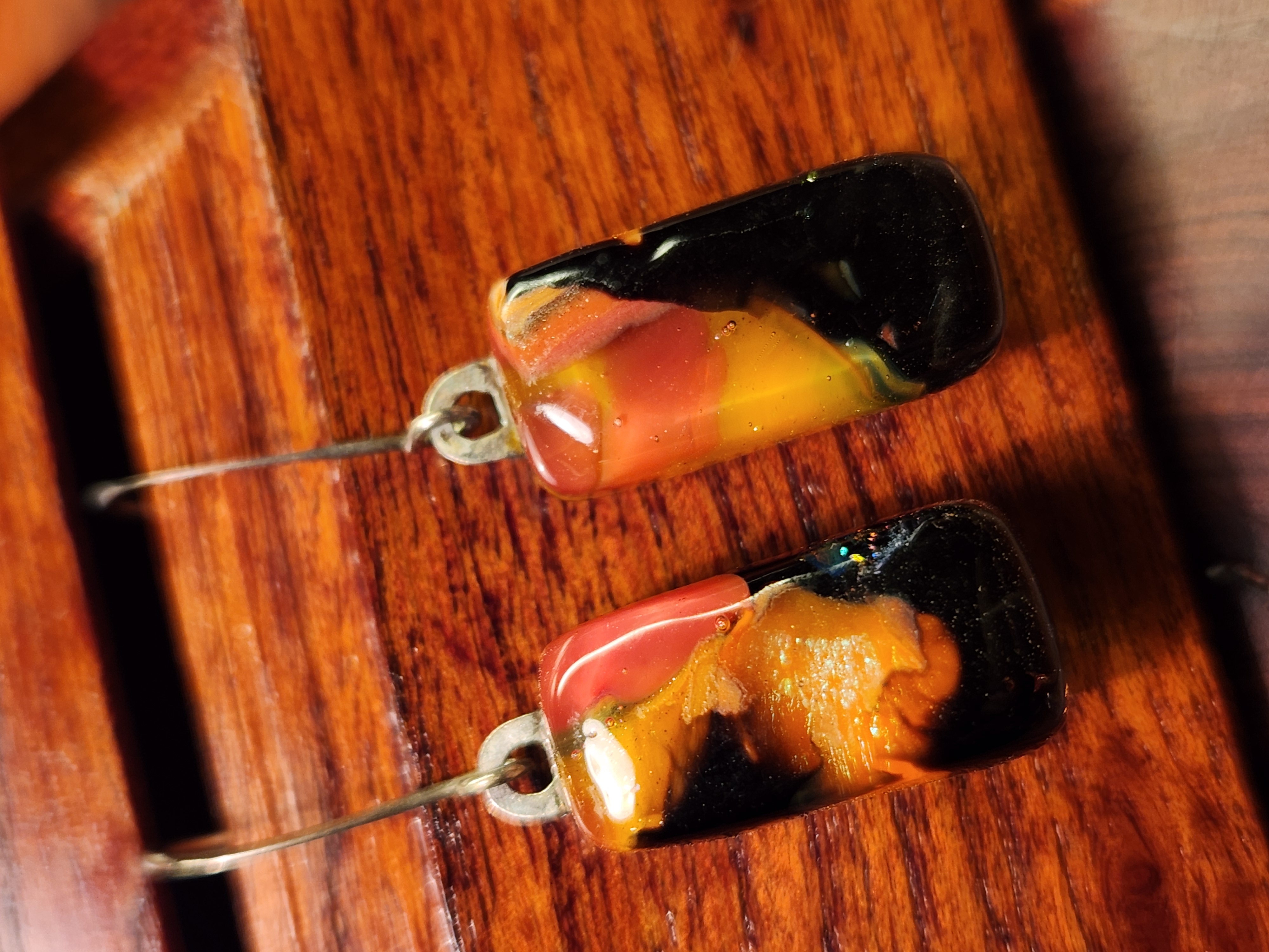 Orange & Black Swirl Dichroic Fused Glass Earrings