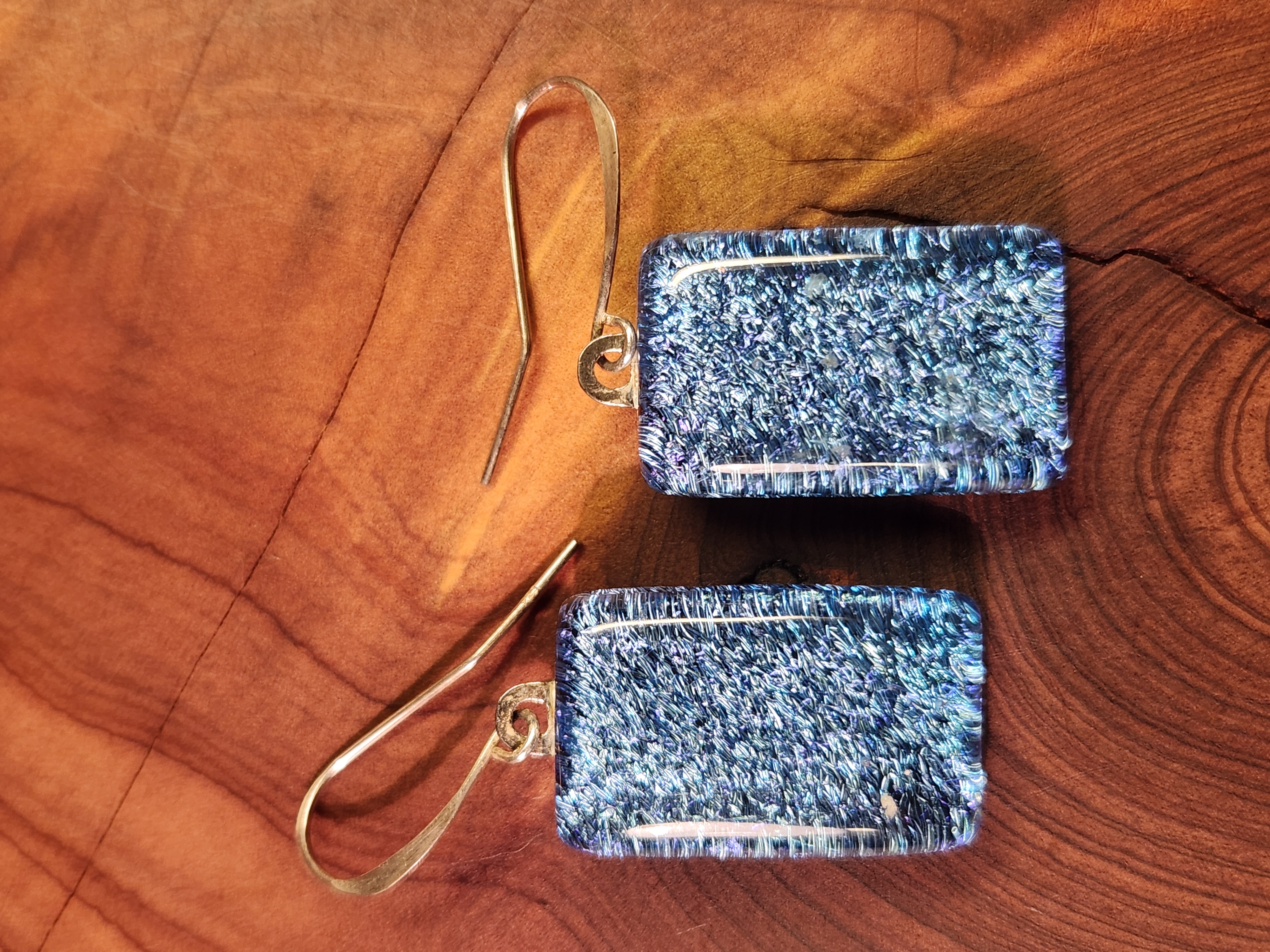 Icy Blue Rectangular Dichroic Fused Glass Earrings