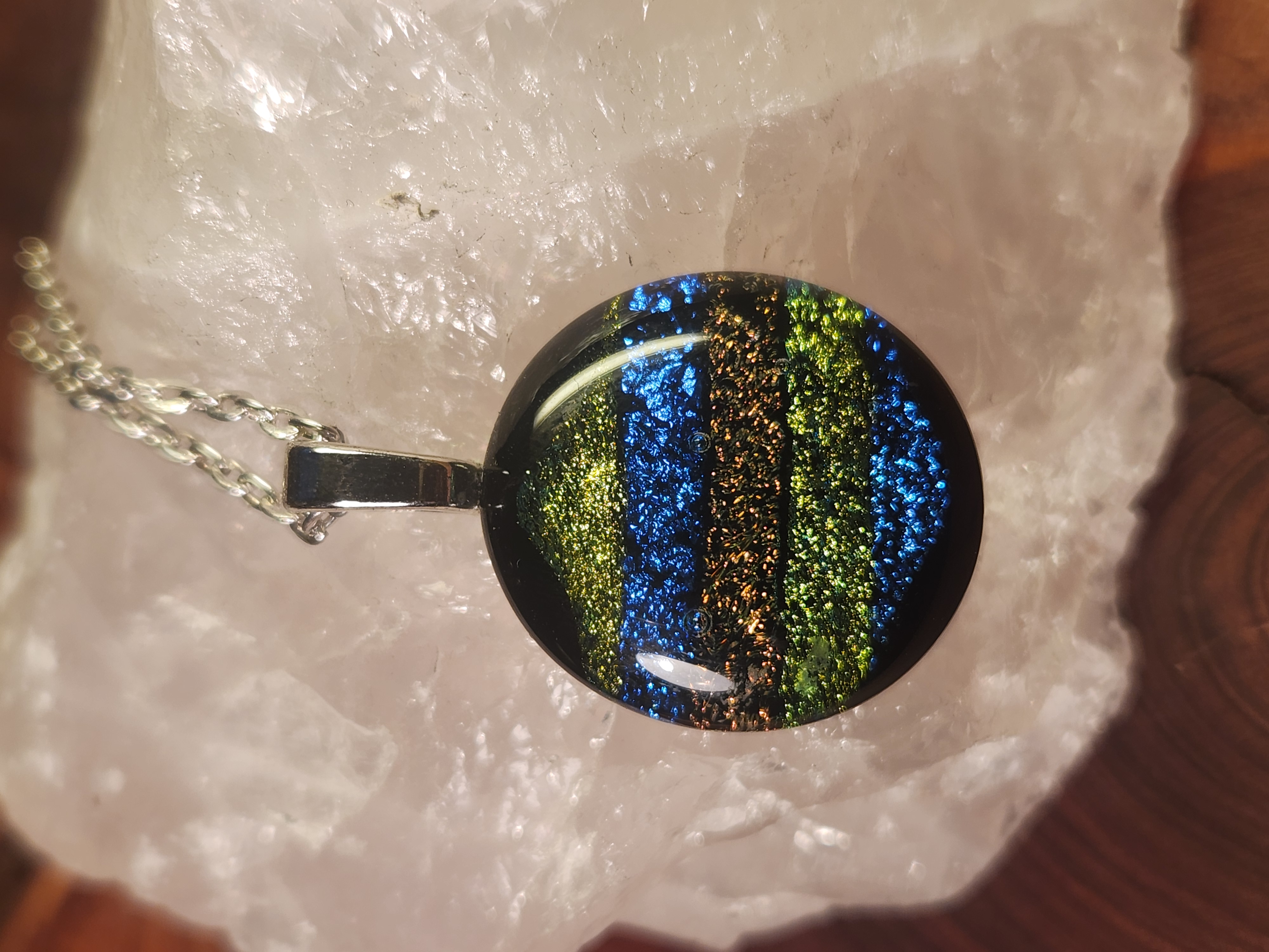 Round Striped Dichroic Fused Glass Necklace