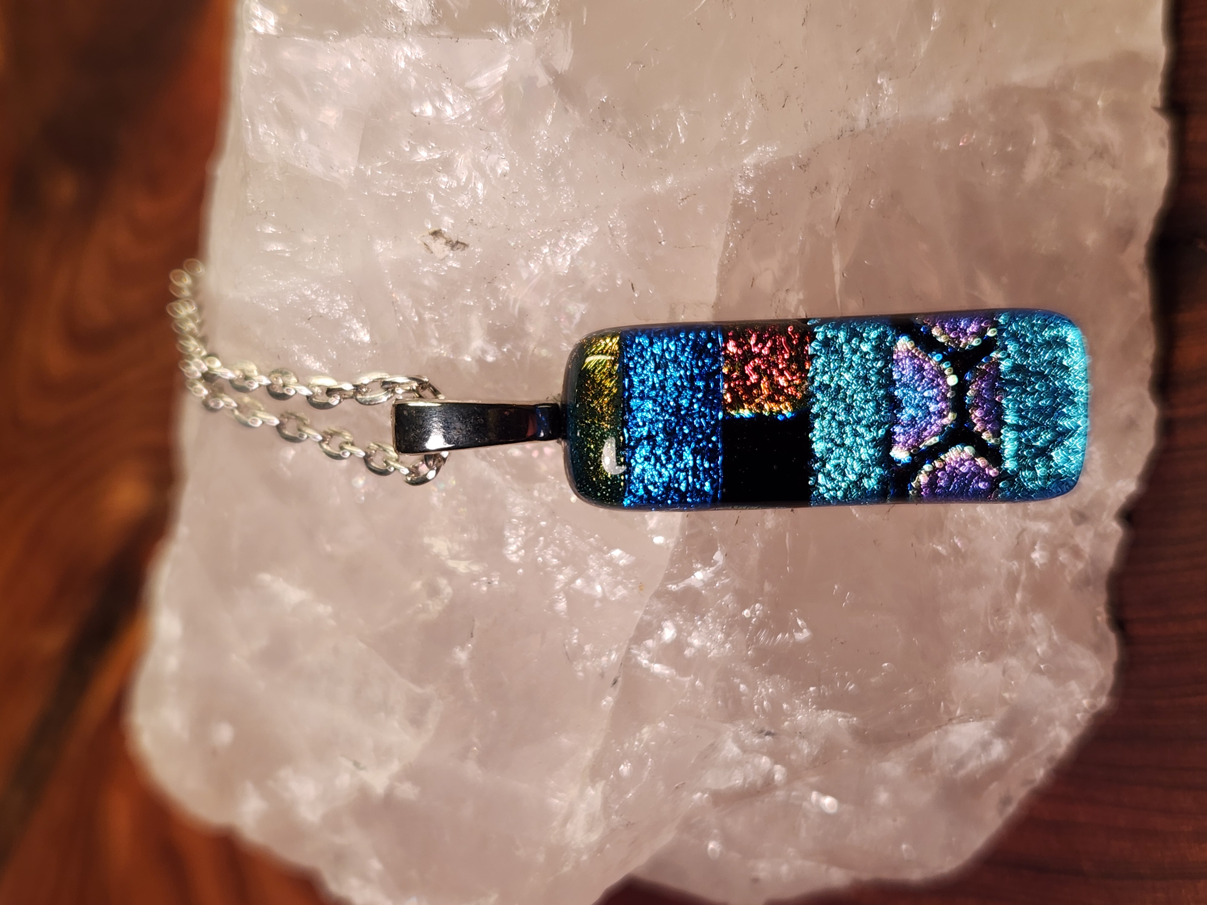 Blue & Rainbow Dichroic Fused Glass Necklace