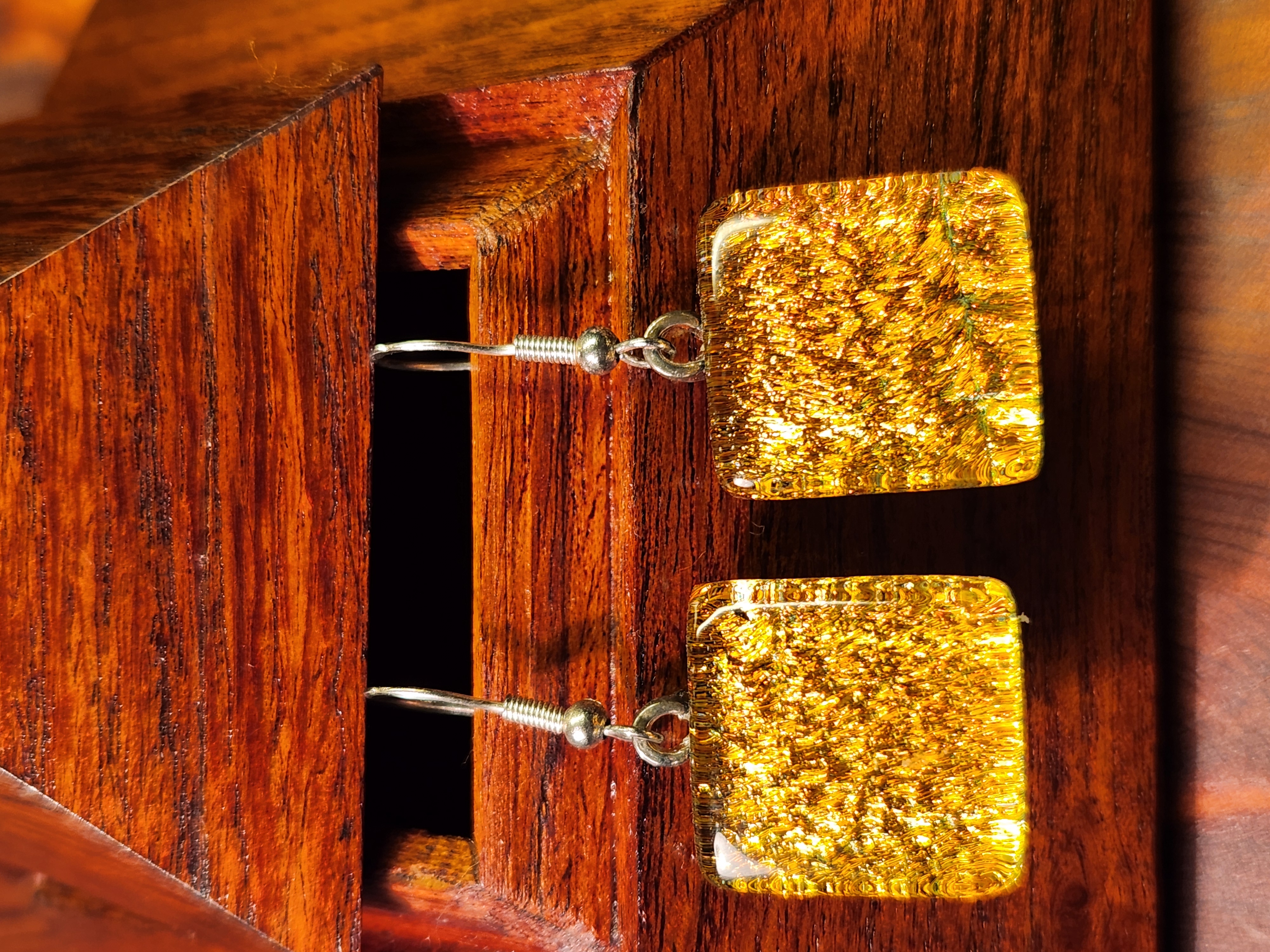 Golden Square Dichroic Fused Glass Earrings