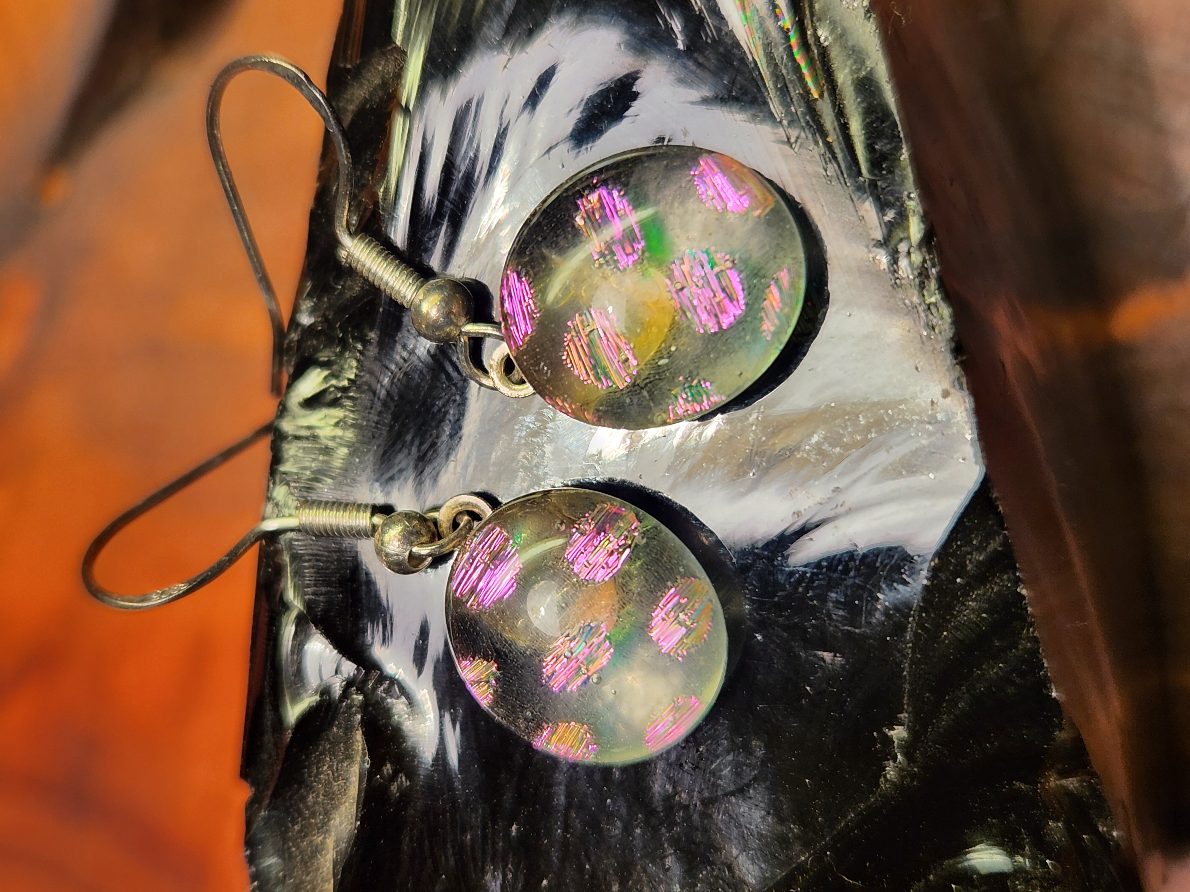 Clear Iridescent Pink Polka Dot Glow Dichroic Fused Glass Earrings