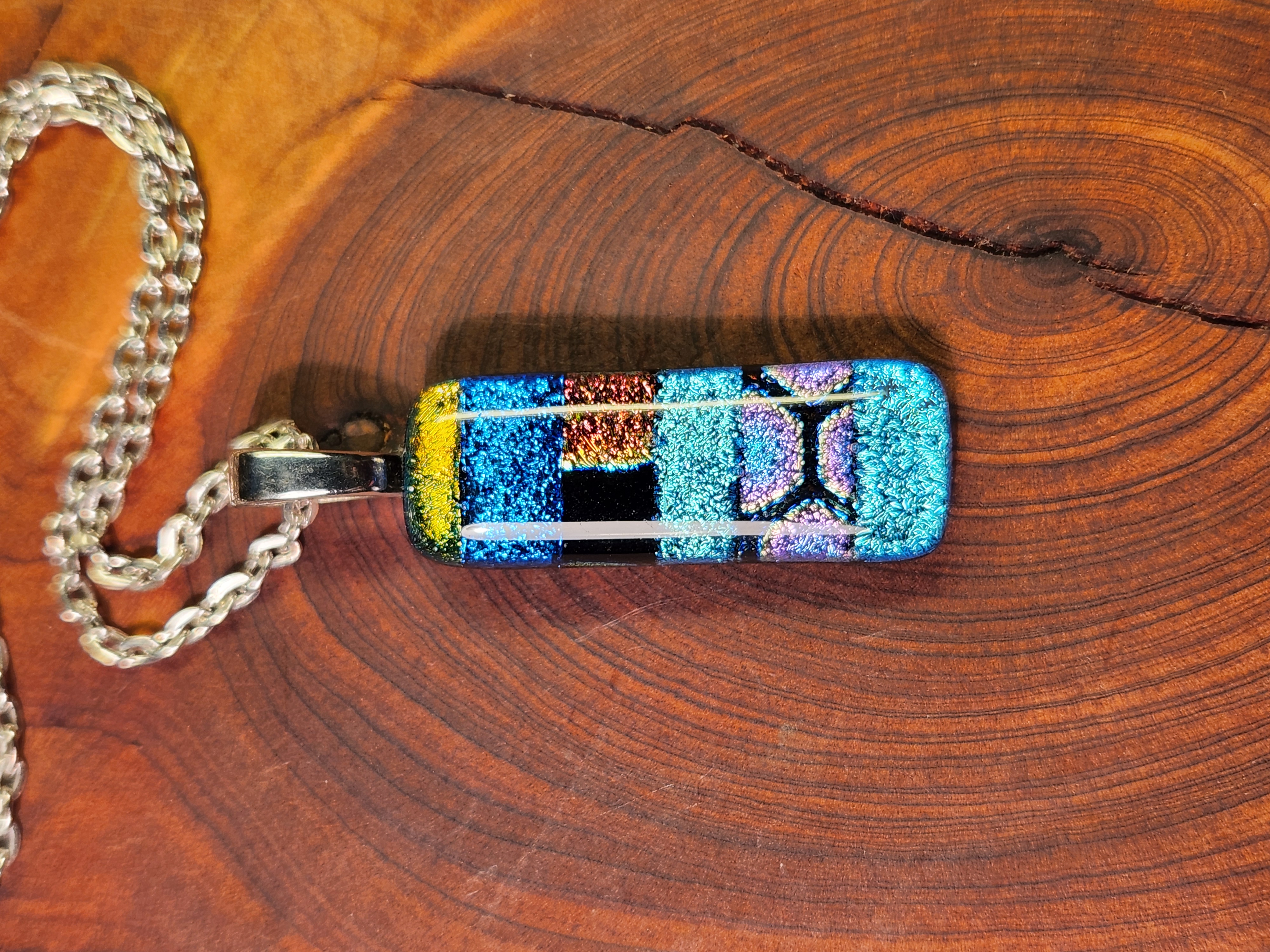 Blue & Rainbow Dichroic Fused Glass Necklace