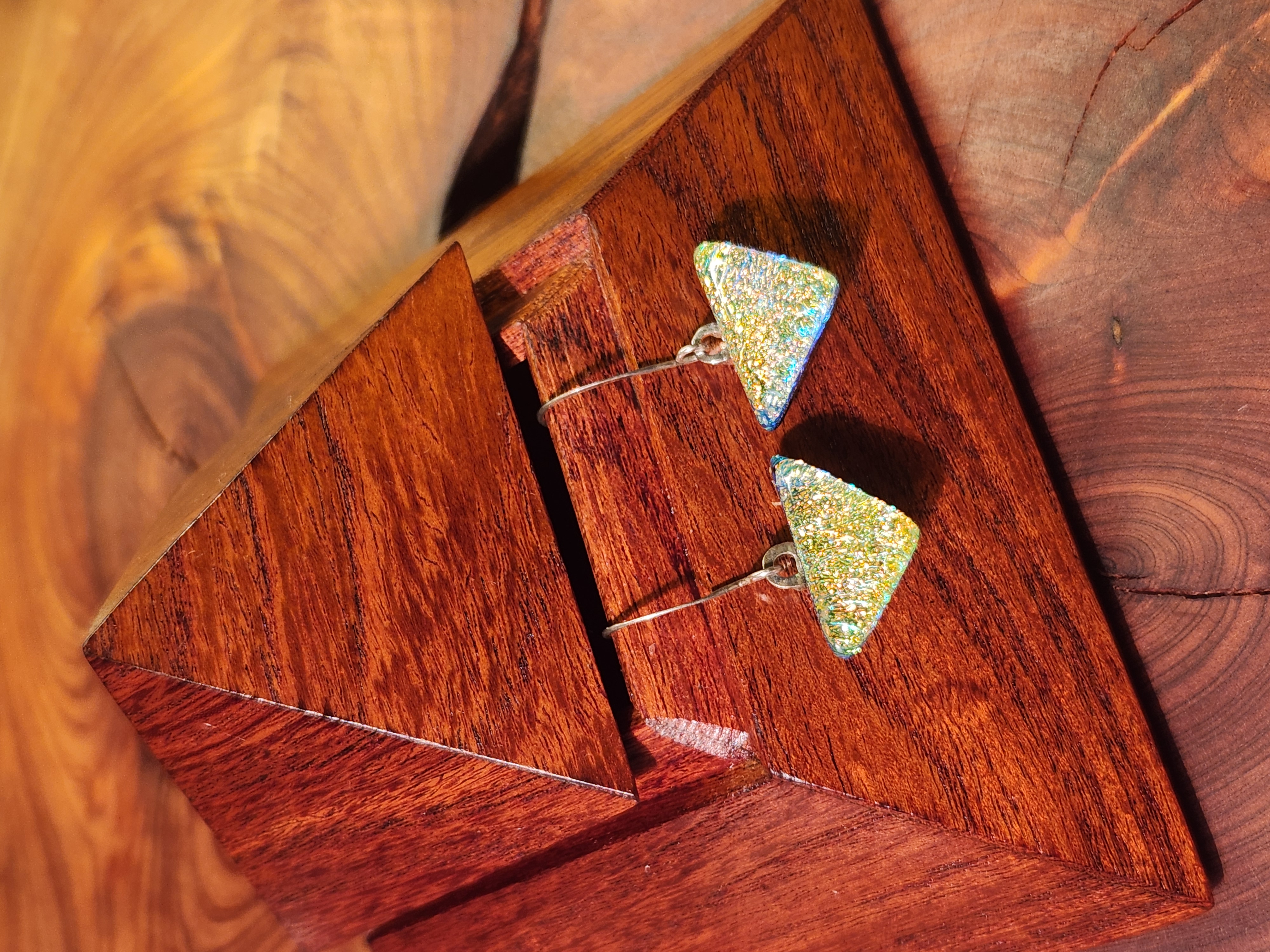 Gold & Aqua Triangle Dichroic Fused Glass Earrings