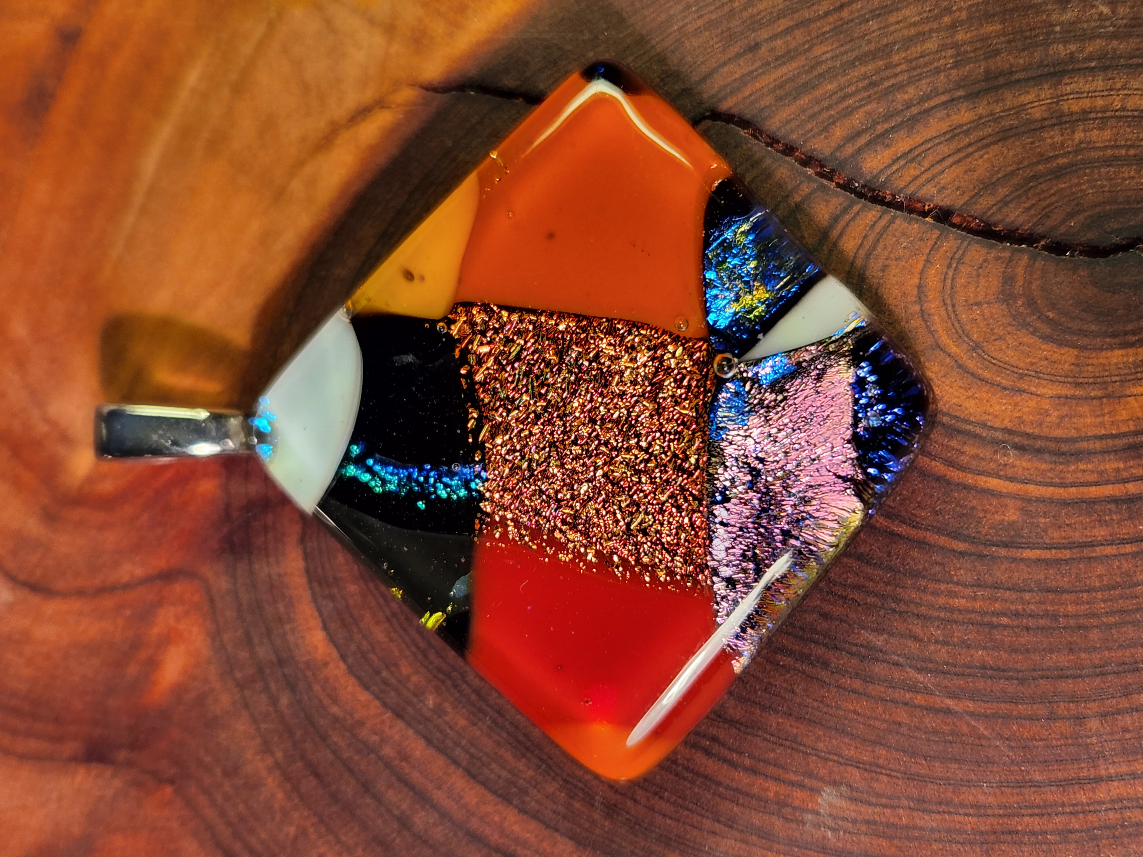 Mosaic Red, Orange & Yellow Dichroic Fused Glass Necklace