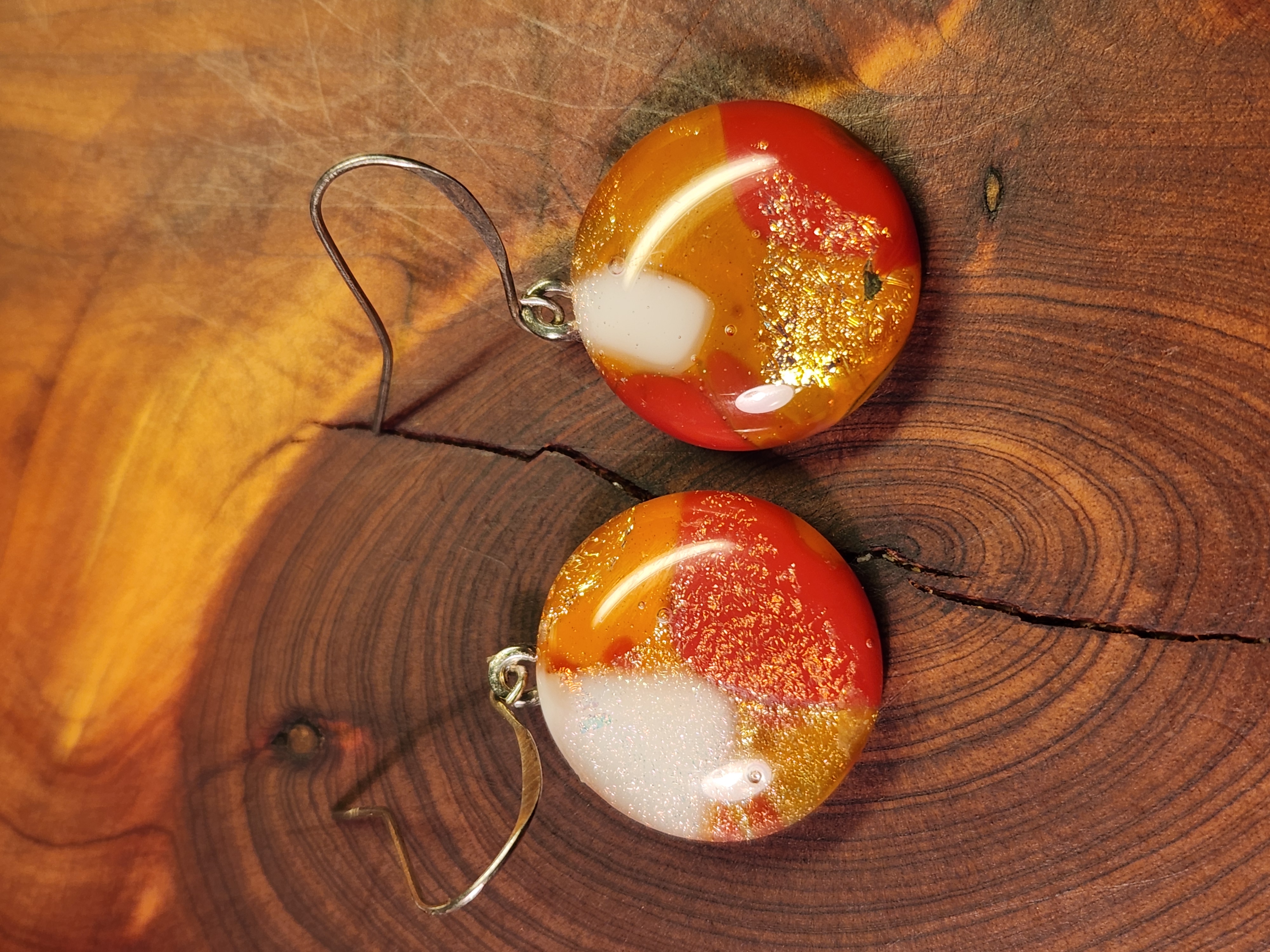 Fiery Orange, Gold & White Swirl Dichroic Fused Glass Earrings