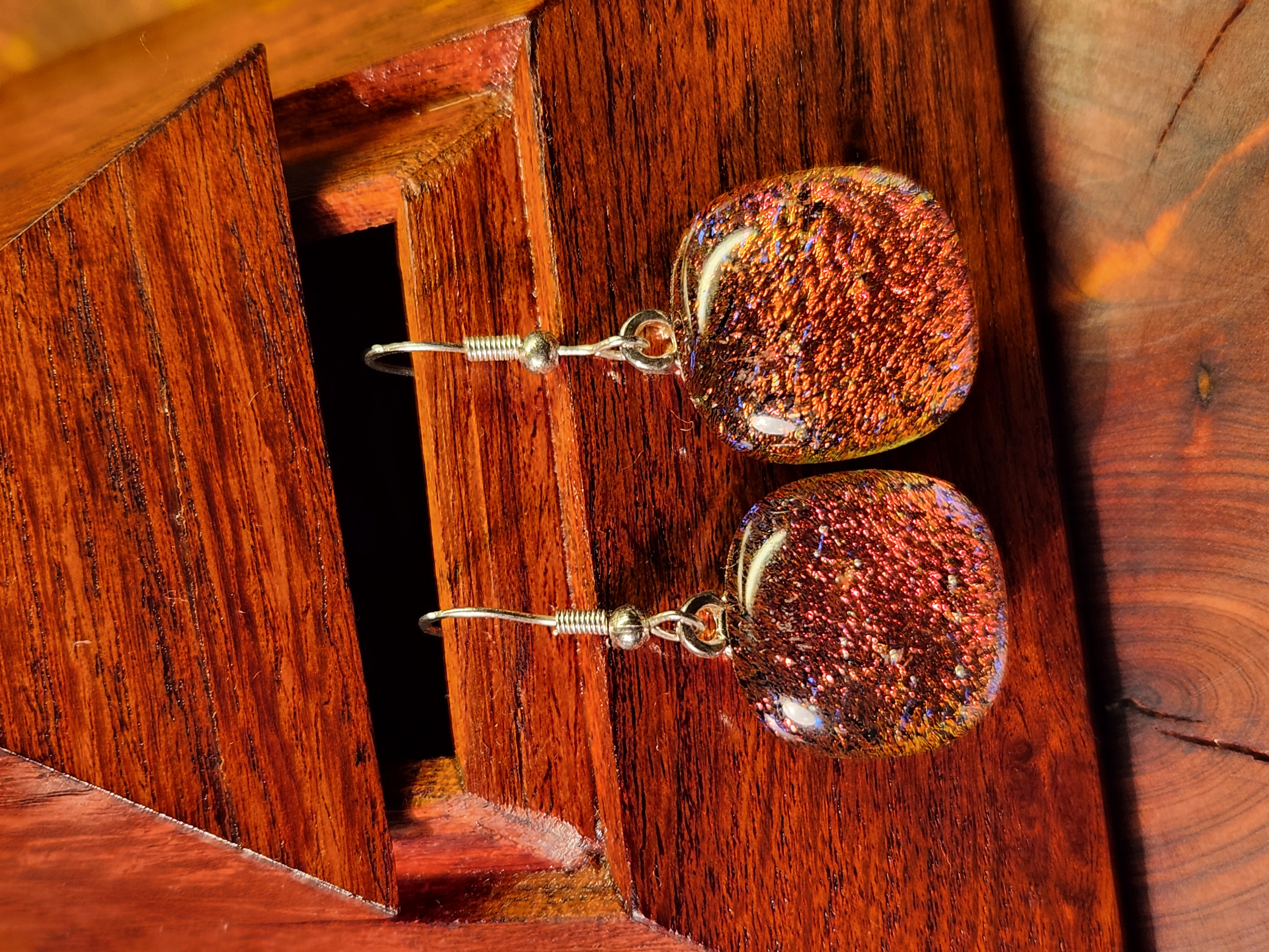 Fiery Red & Rainbow Dichroic Fused Glass Earrings