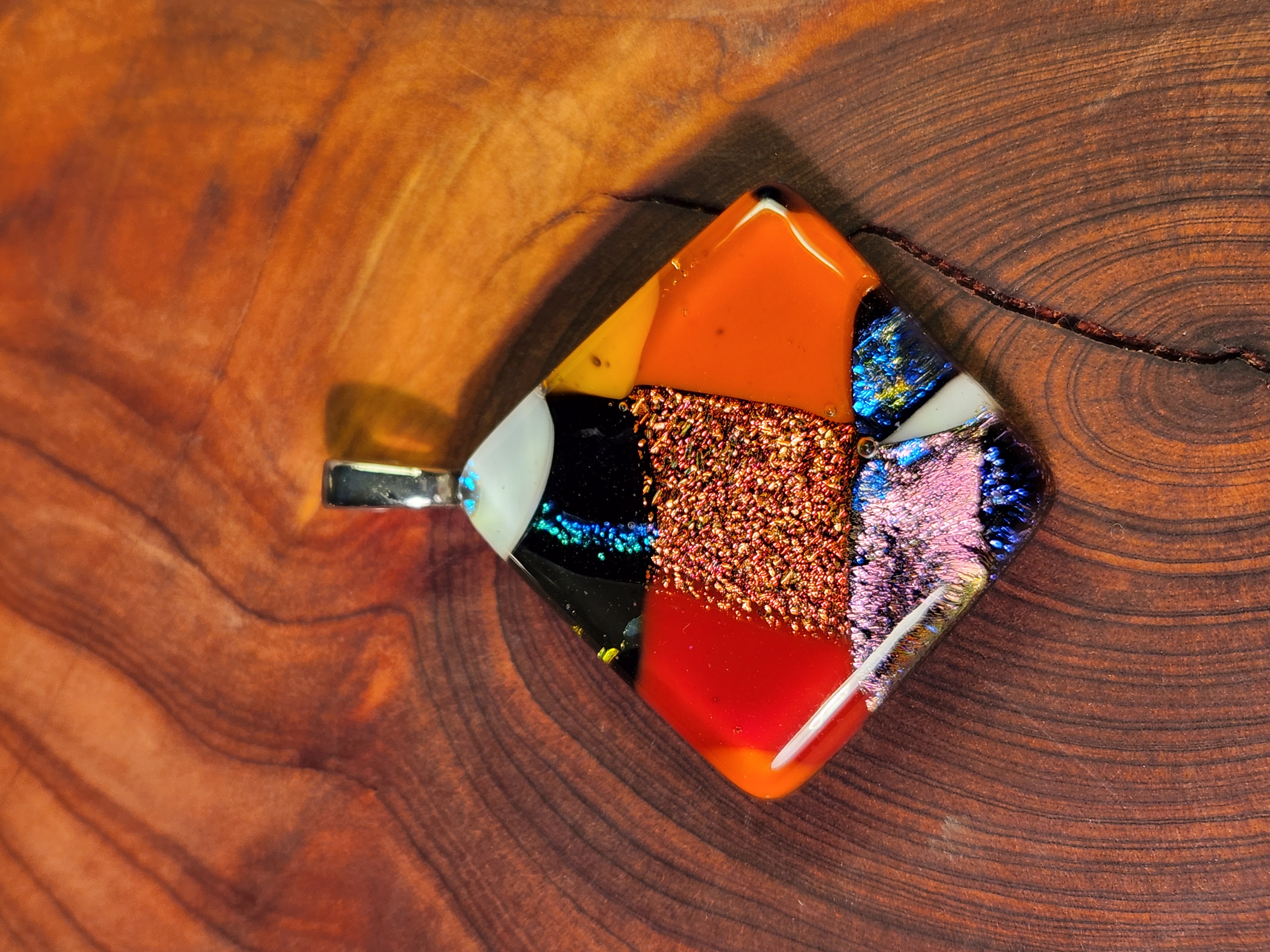 Mosaic Red, Orange & Yellow Dichroic Fused Glass Necklace