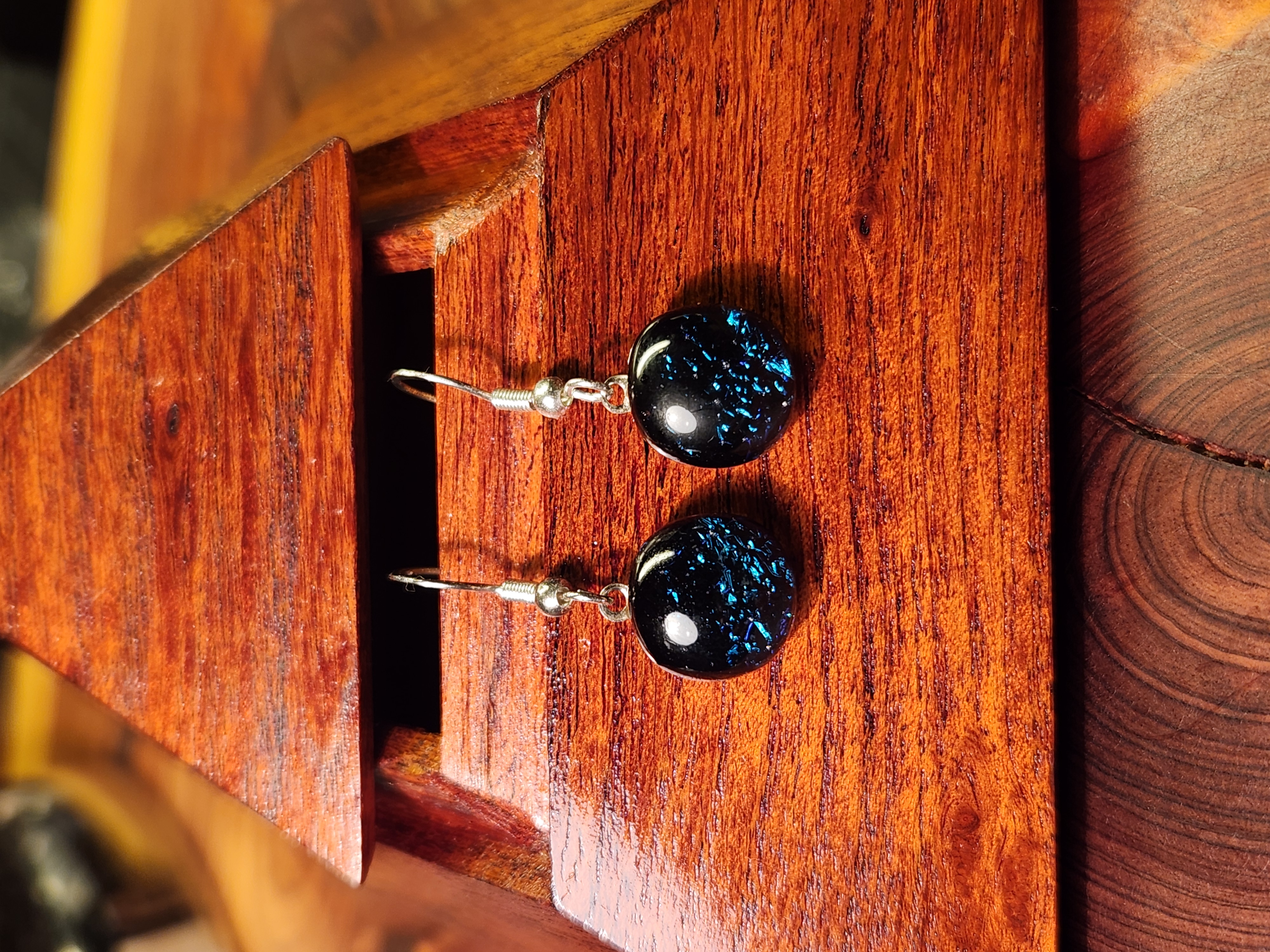 Round Blue Dichroic Fused Glass Earrings