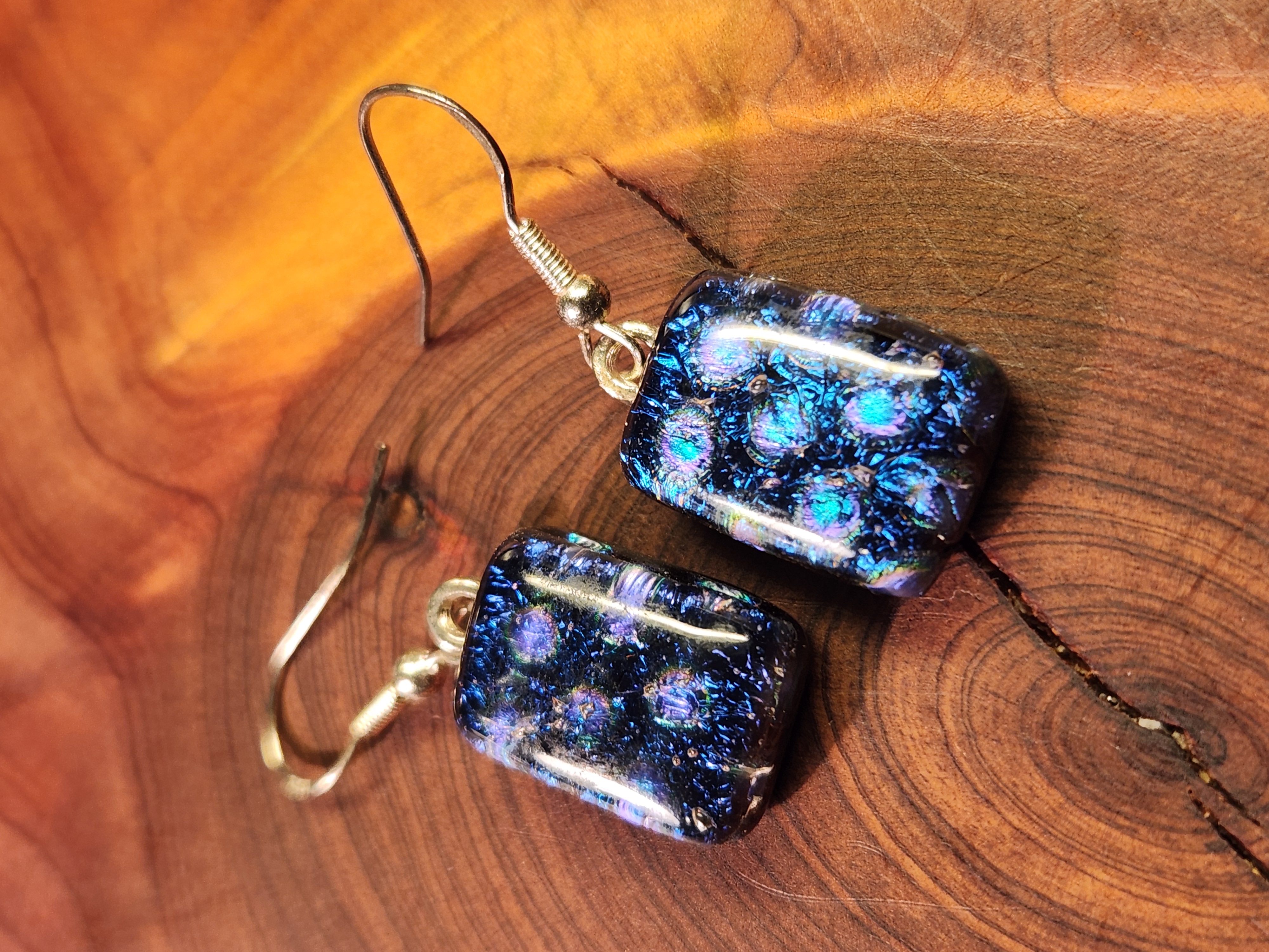 Blue Shimmering Iridescent Dichroic Fused Glass Earrings