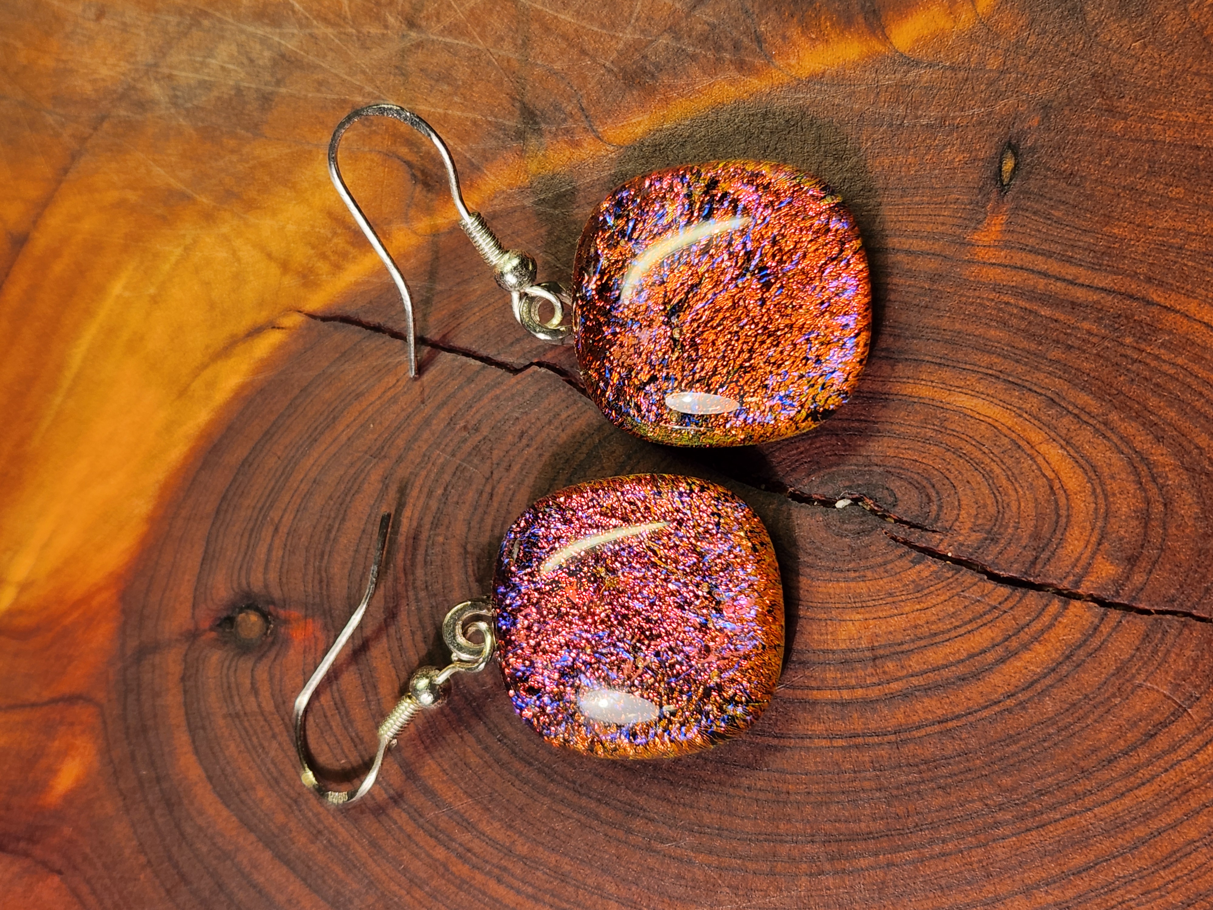 Fiery Red & Rainbow Dichroic Fused Glass Earrings