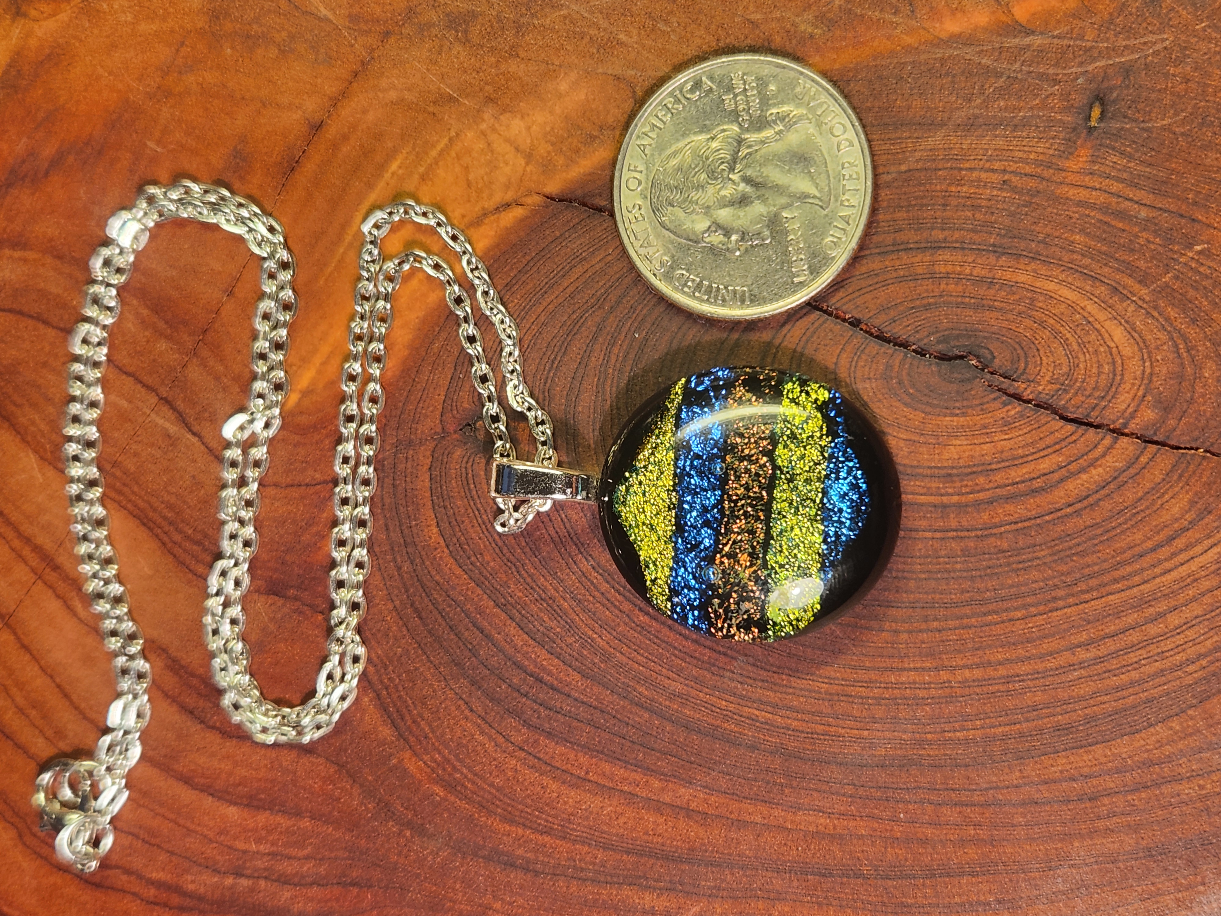 Round Striped Dichroic Fused Glass Necklace
