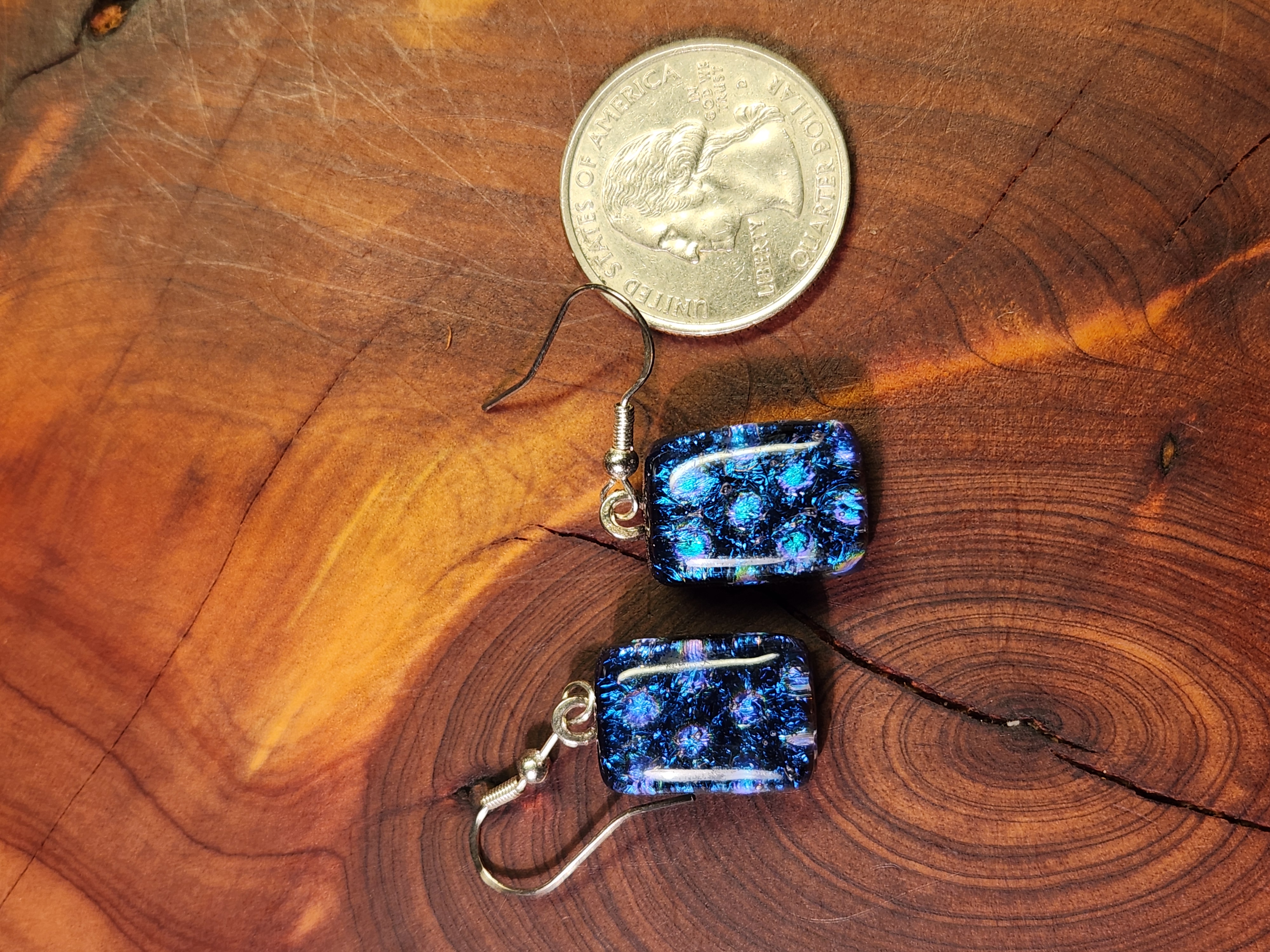 Blue Shimmering Iridescent Dichroic Fused Glass Earrings