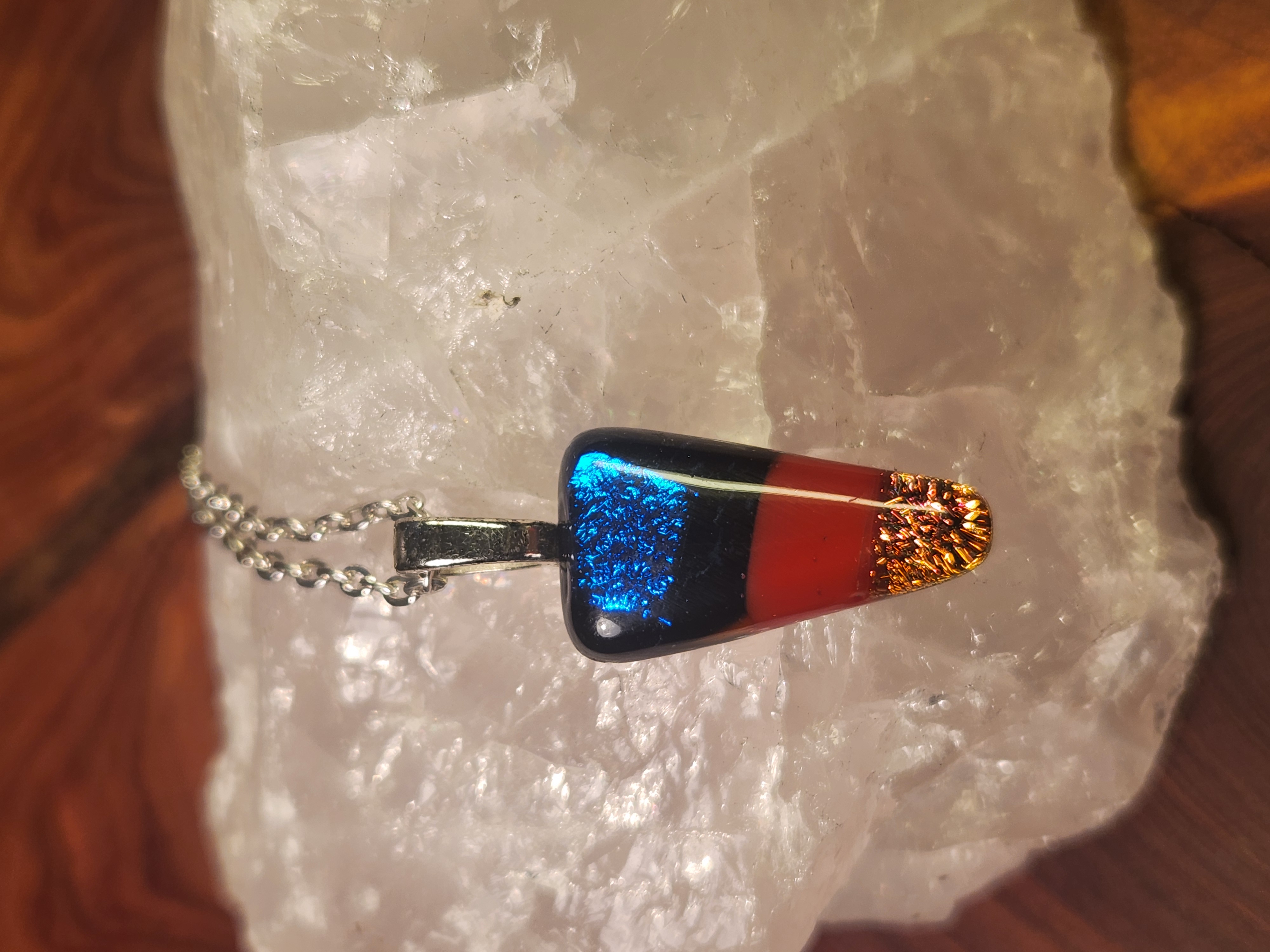 Blue, Red & Gold Trapezoid Dichroic Fused Glass Necklace