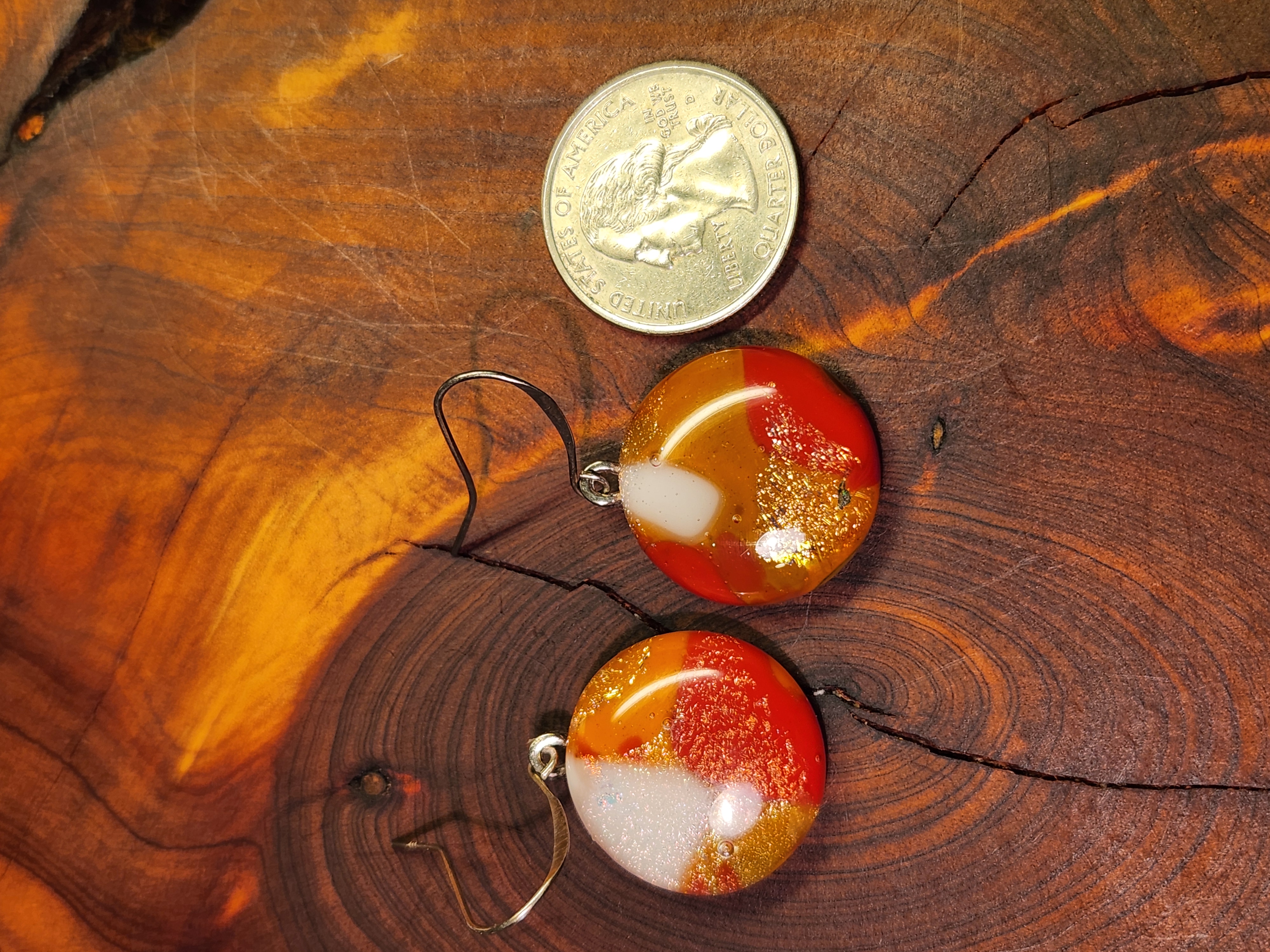 Fiery Orange, Gold & White Swirl Dichroic Fused Glass Earrings
