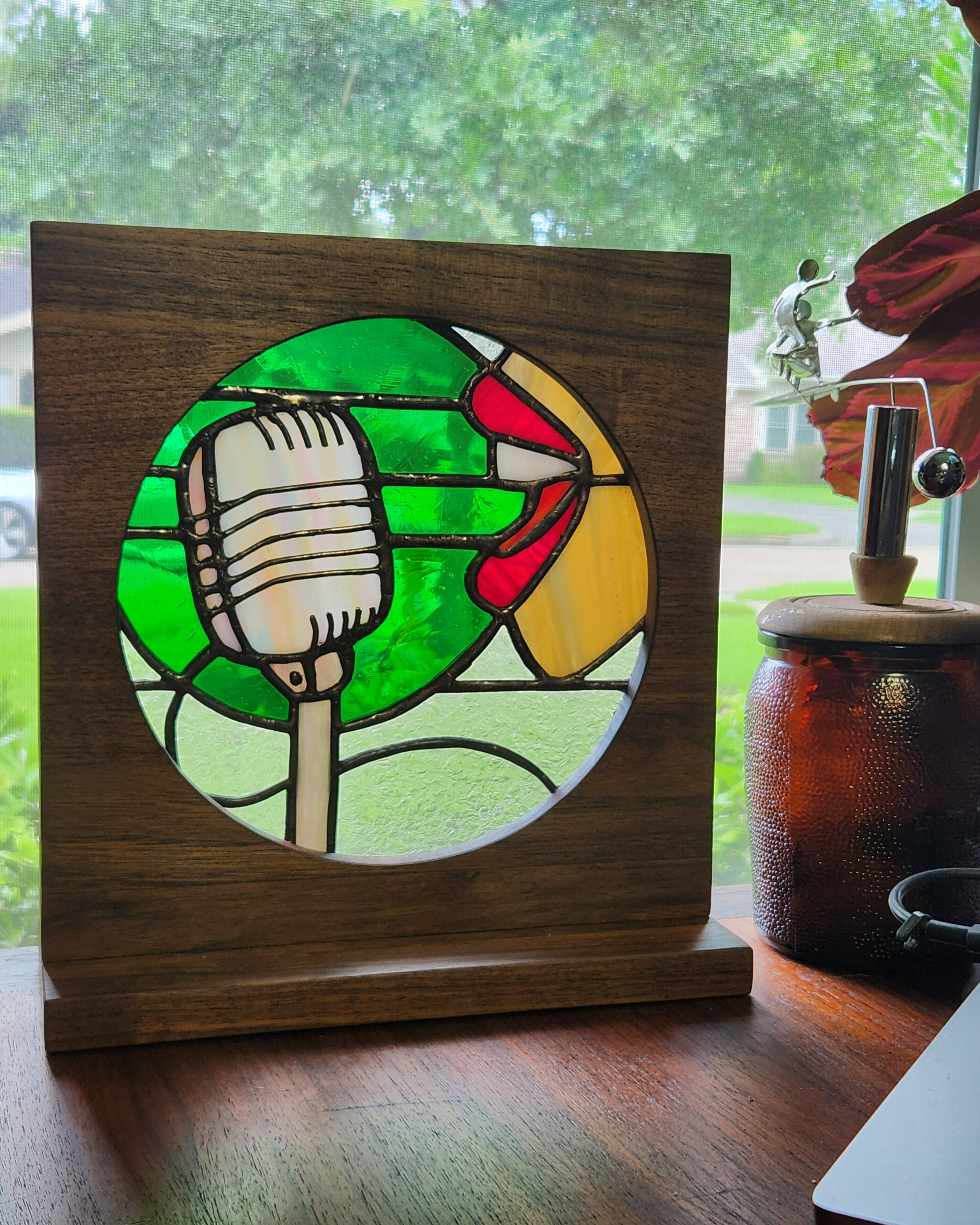 Vocal Vibration | Stained Glass Art with Heart Energy – Vintage Mic + Voice in Walnut Frame
