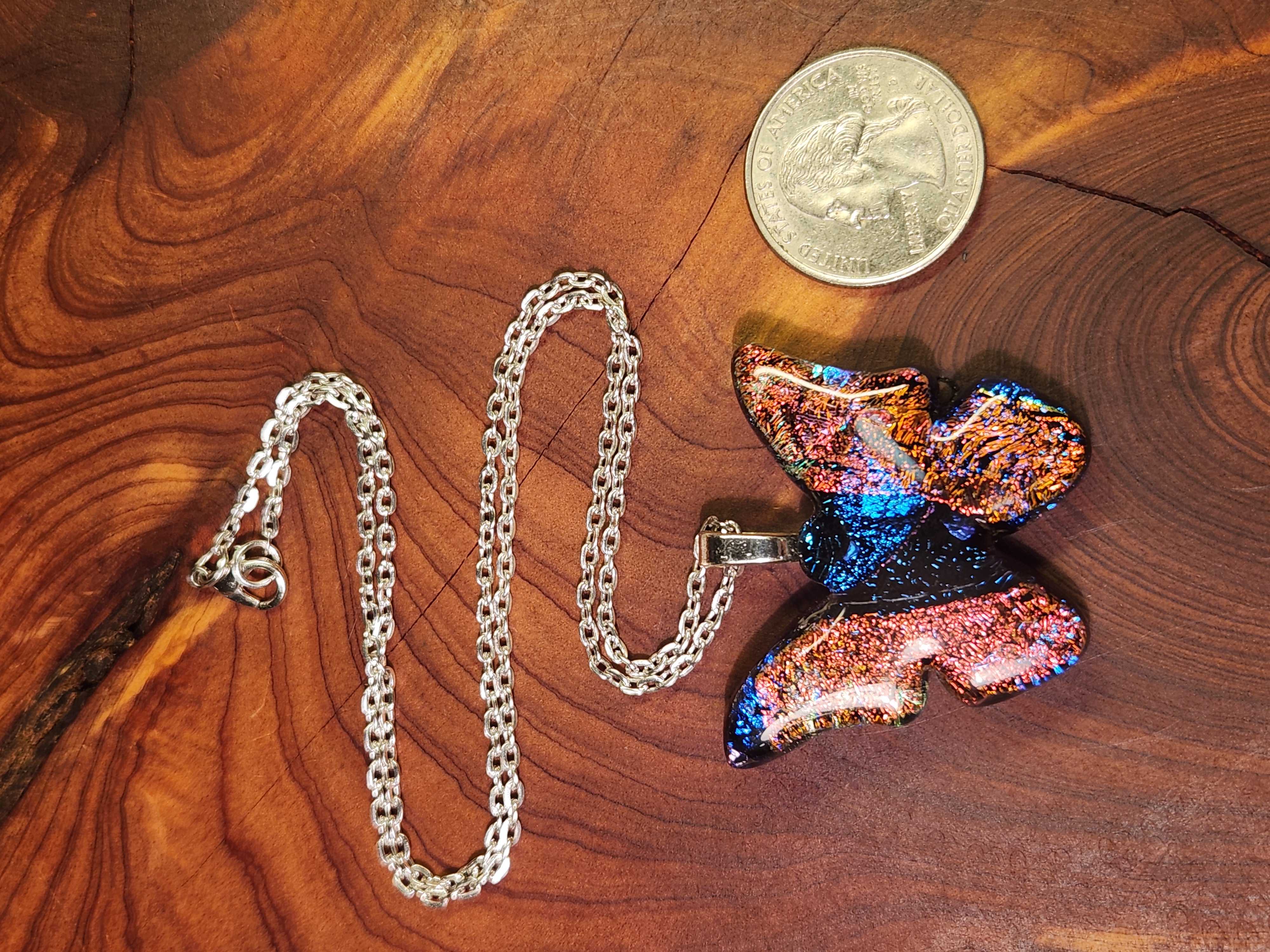 Vibrant Multicolor Butterfly Dichroic Fused Glass Necklace